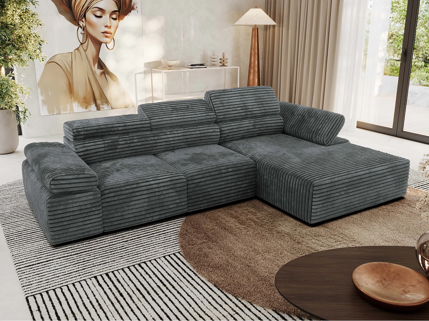 Ecksofa RILASSO - L-förmige Ecke mit Relax-funktion, elektrisch verstellbarer Sitz, Armlehnen - Dunkelgrau Cord - Ecke Rechts