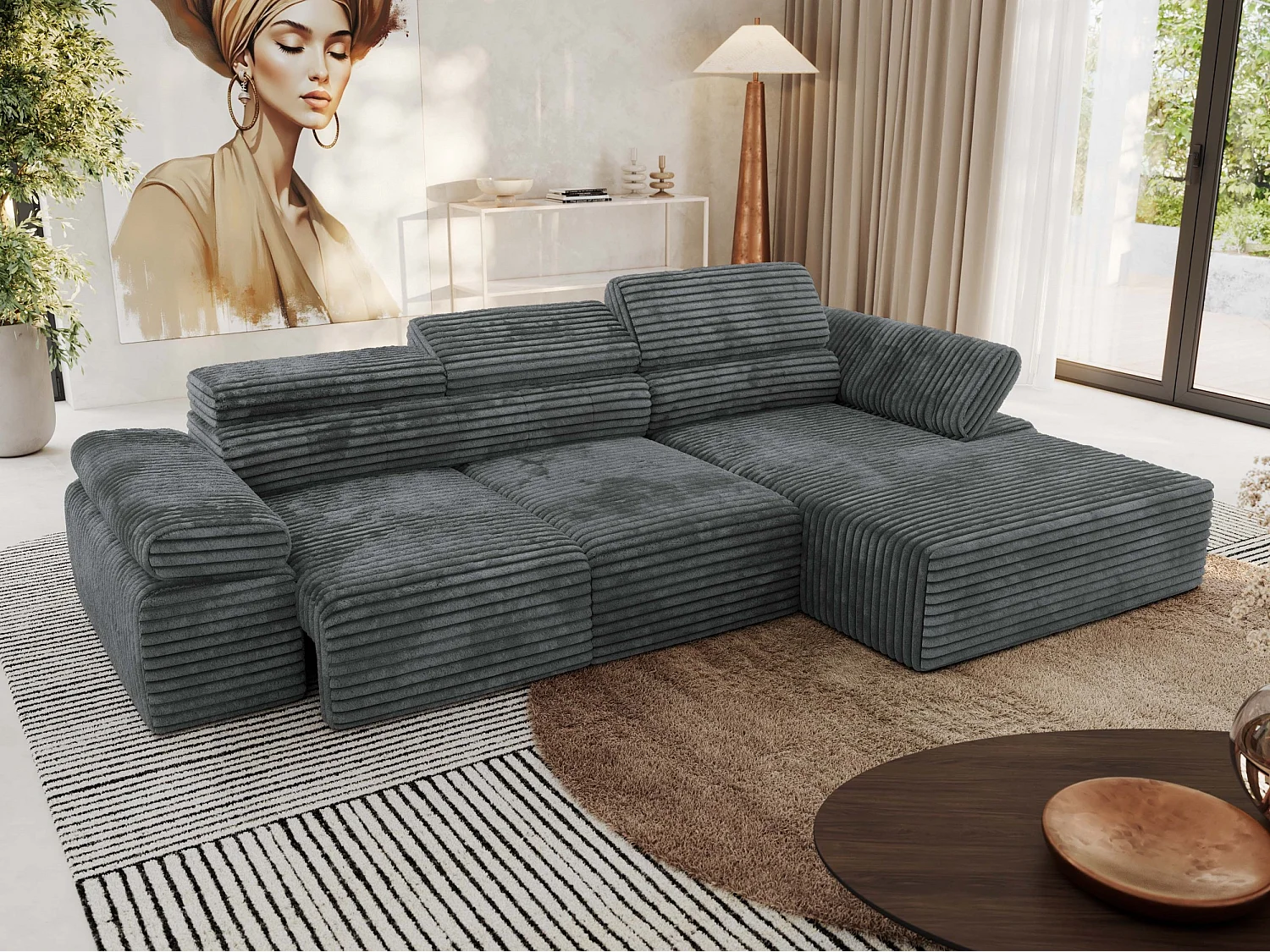 Ecksofa RILASSO - L-förmige Ecke mit Relax-funktion, elektrisch verstellbarer Sitz, Armlehnen - Dunkelgrau Cord - Ecke Rechts