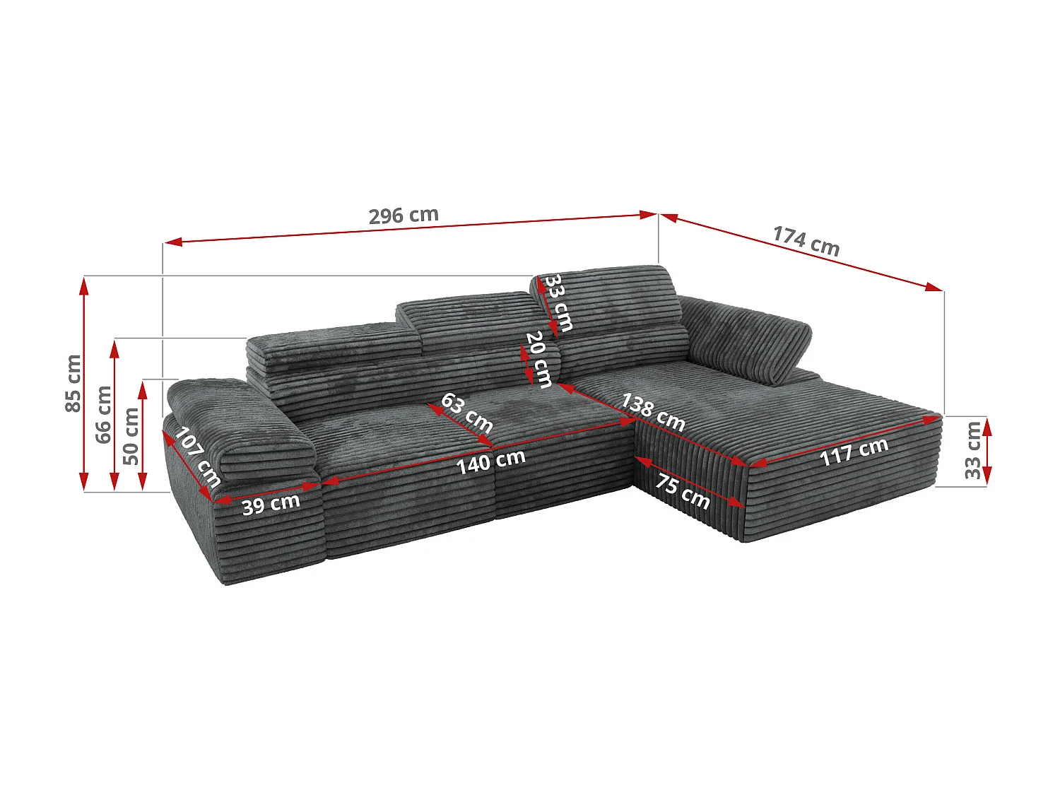 Ecksofa RILASSO - L-förmige Ecke mit Relax-funktion, elektrisch verstellbarer Sitz, Armlehnen - Dunkelgrau Cord - Ecke Rechts