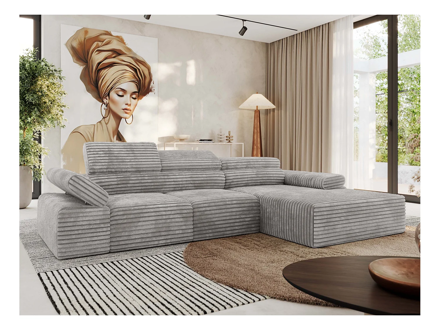 Ecksofa RILASSO - L-förmige Ecke mit Relax-funktion, elektrisch verstellbarer Sitz, Armlehnen - Hellgrau Cord - Ecke Rechts