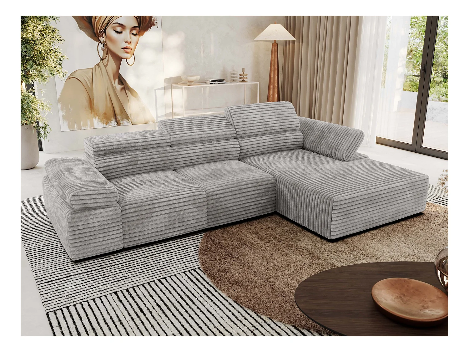 Ecksofa RILASSO - L-förmige Ecke mit Relax-funktion, elektrisch verstellbarer Sitz, Armlehnen - Hellgrau Cord - Ecke Rechts