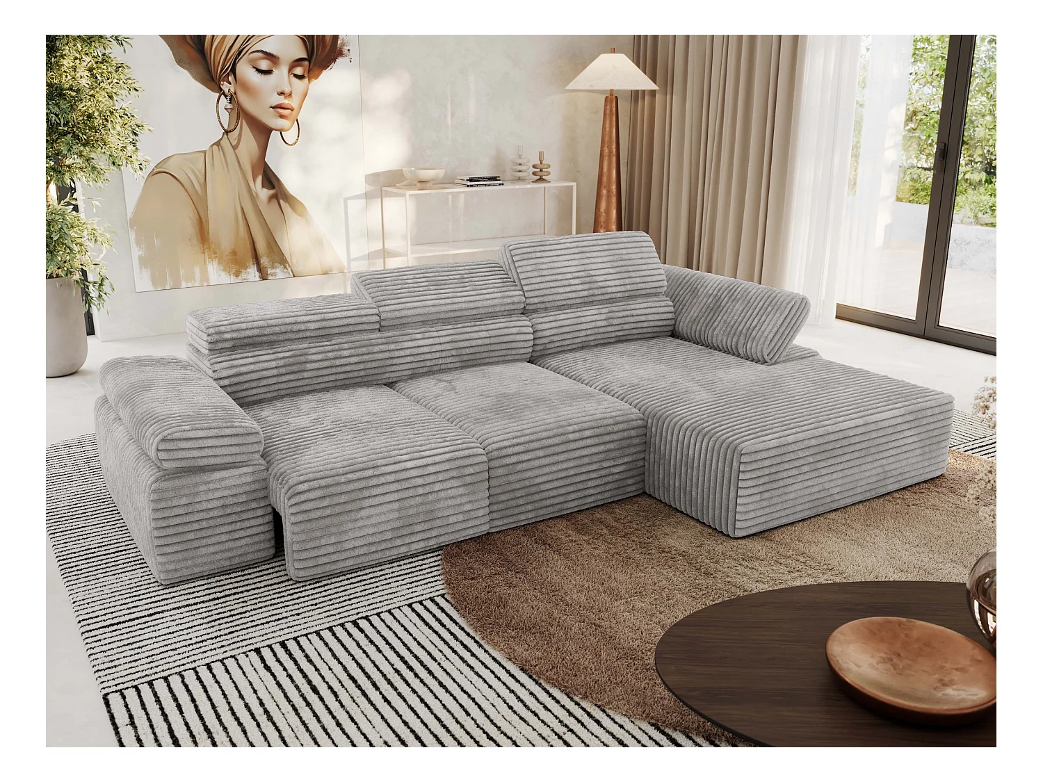 Ecksofa RILASSO - L-förmige Ecke mit Relax-funktion, elektrisch verstellbarer Sitz, Armlehnen - Hellgrau Cord - Ecke Rechts
