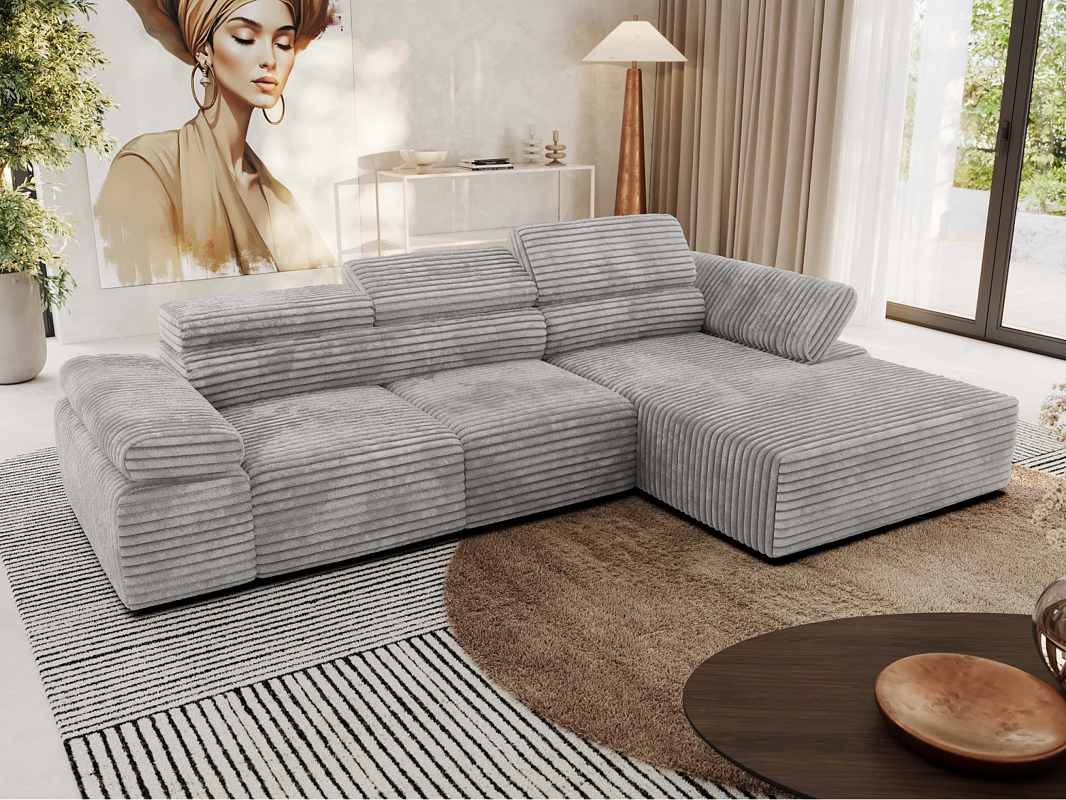 Ecksofa RILASSO - L-förmige Ecke mit Relax-funktion, elektrisch verstellbarer Sitz, Armlehnen - Hellgrau Cord - Ecke Rechts