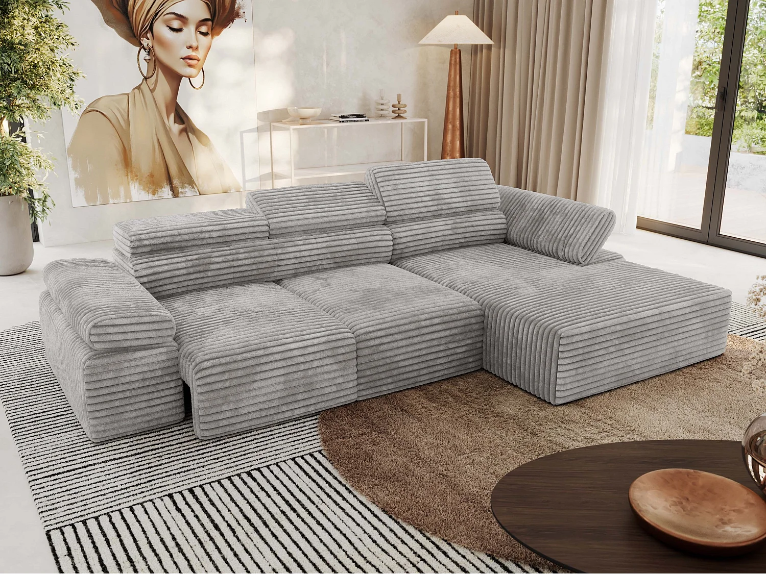 Ecksofa RILASSO - L-förmige Ecke mit Relax-funktion, elektrisch verstellbarer Sitz, Armlehnen - Hellgrau Cord - Ecke Rechts