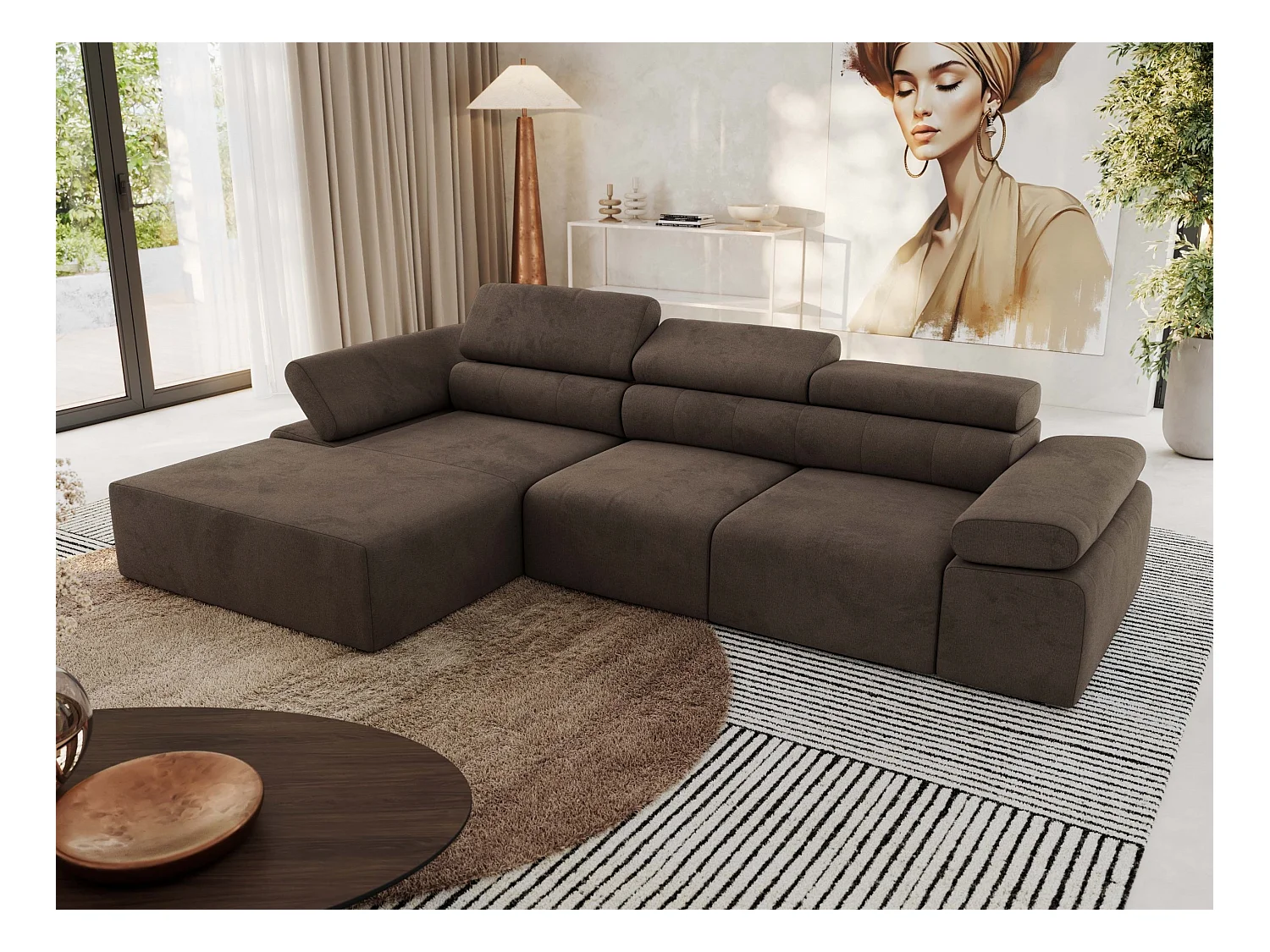 Ecksofa RILASSO - L-förmige Ecke mit Relax-funktion, elektrisch verstellbarer Sitz, Armlehnen - Braun Velvet - Ecke Links