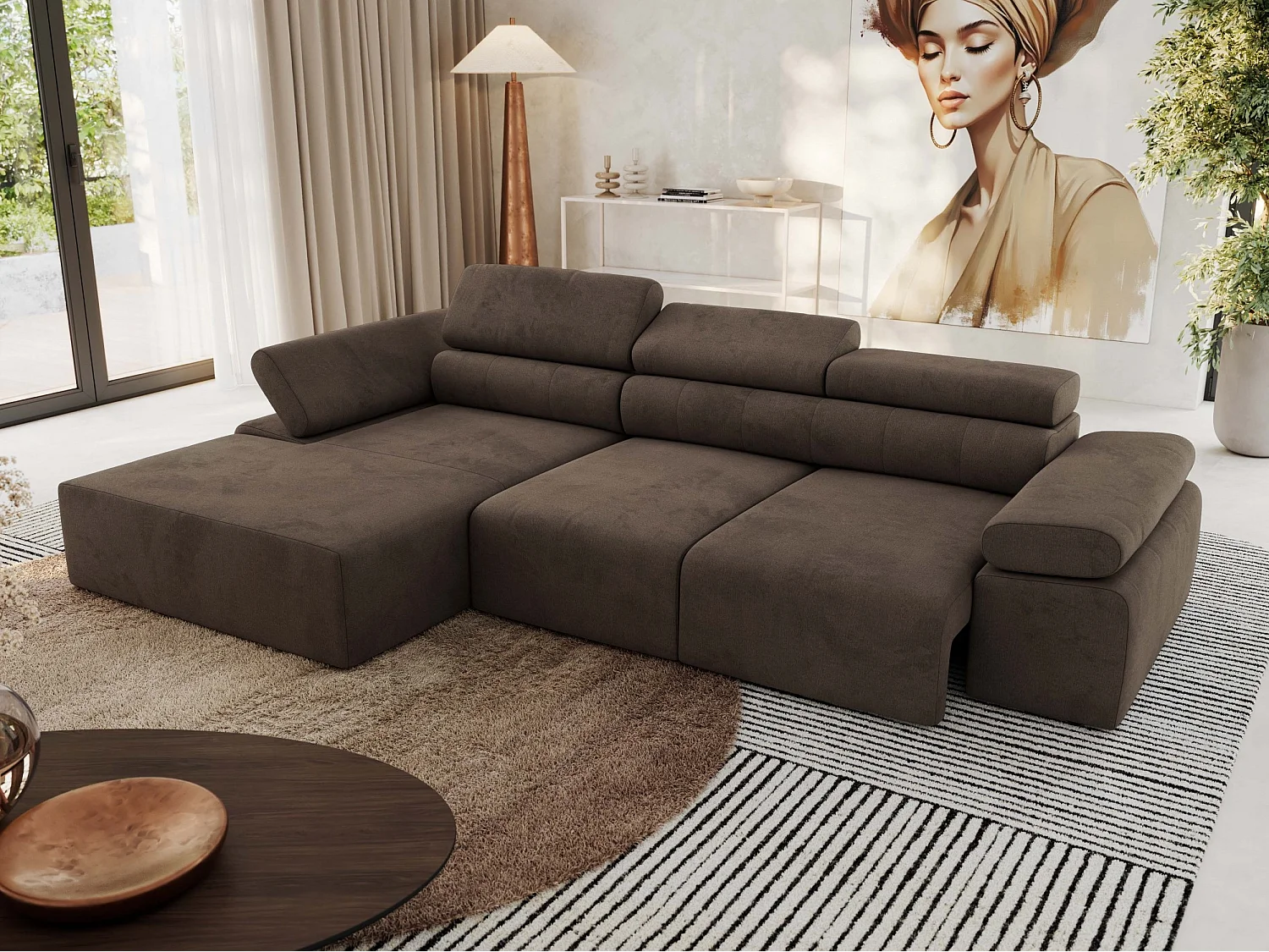 Ecksofa RILASSO - L-förmige Ecke mit Relax-funktion, elektrisch verstellbarer Sitz, Armlehnen - Braun Velvet - Ecke Links