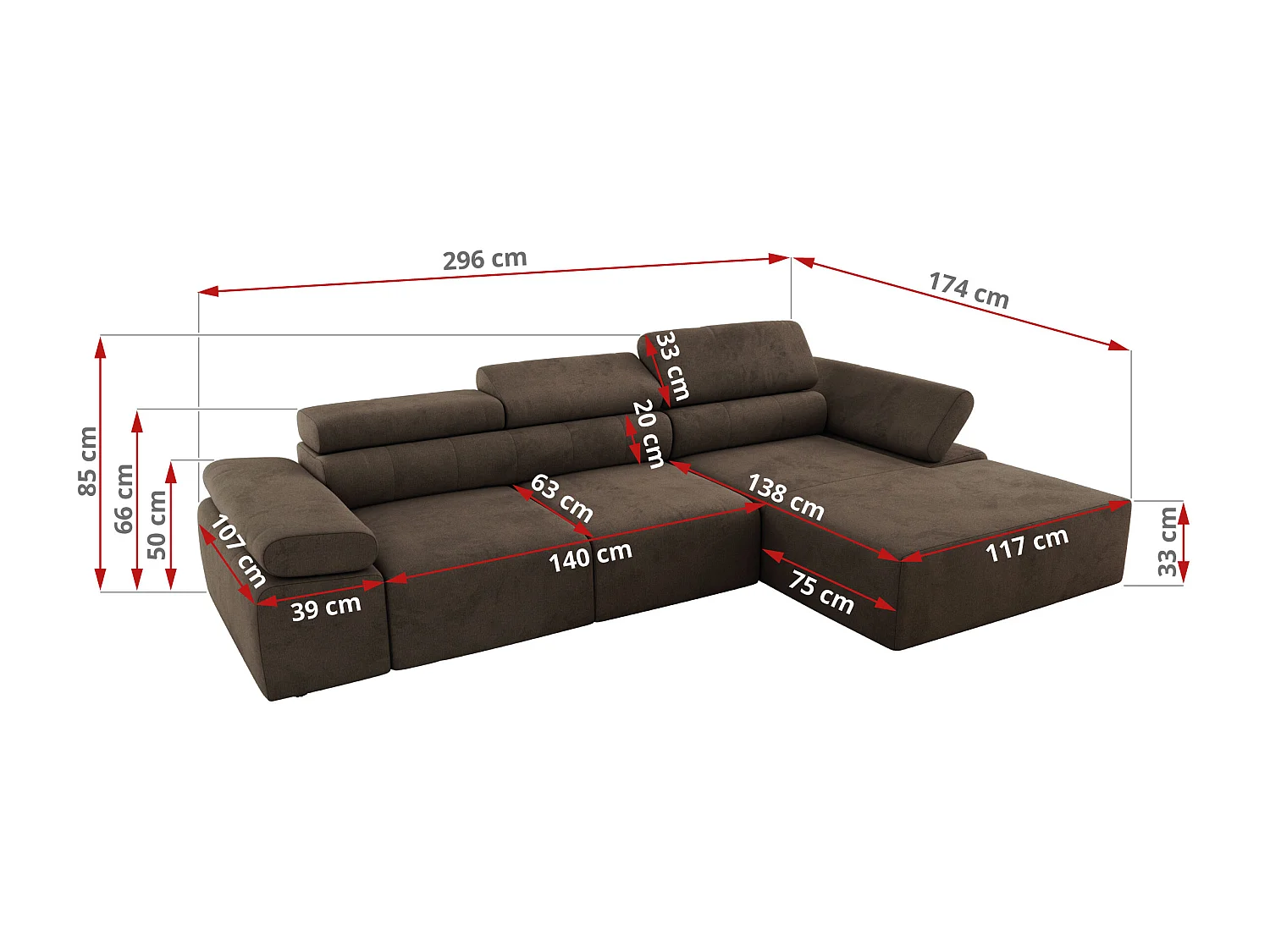Ecksofa RILASSO - L-förmige Ecke mit Relax-funktion, elektrisch verstellbarer Sitz, Armlehnen - Braun Velvet - Ecke Links