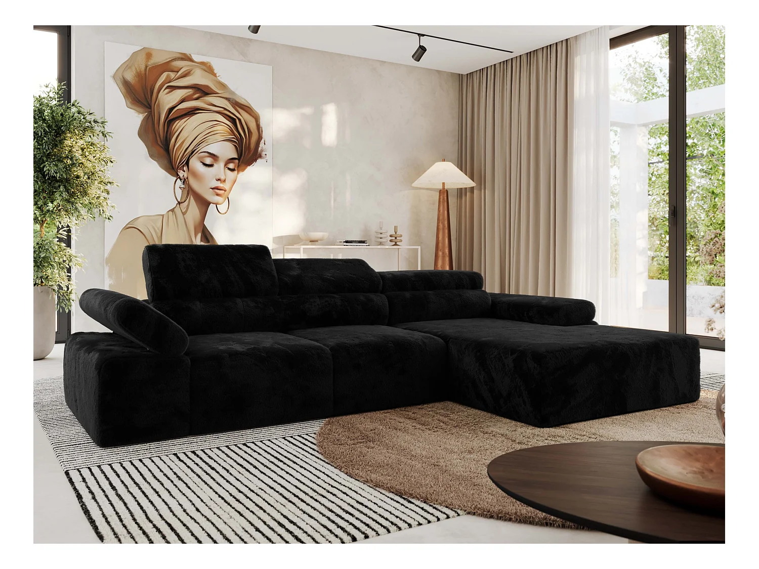 Ecksofa RILASSO - L-förmige Ecke mit Relax-funktion, elektrisch verstellbarer Sitz, Armlehnen - Schwarz Plüsch - Ecke Rechts