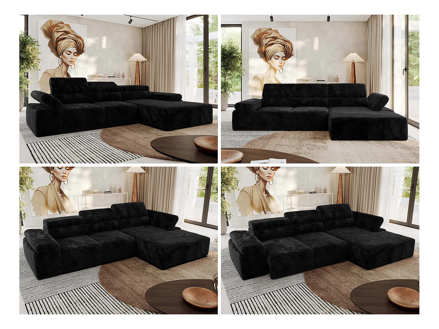 Ecksofa RILASSO - L-förmige Ecke mit Relax-funktion, elektrisch verstellbarer Sitz, Armlehnen - Schwarz Plüsch - Ecke Rechts
