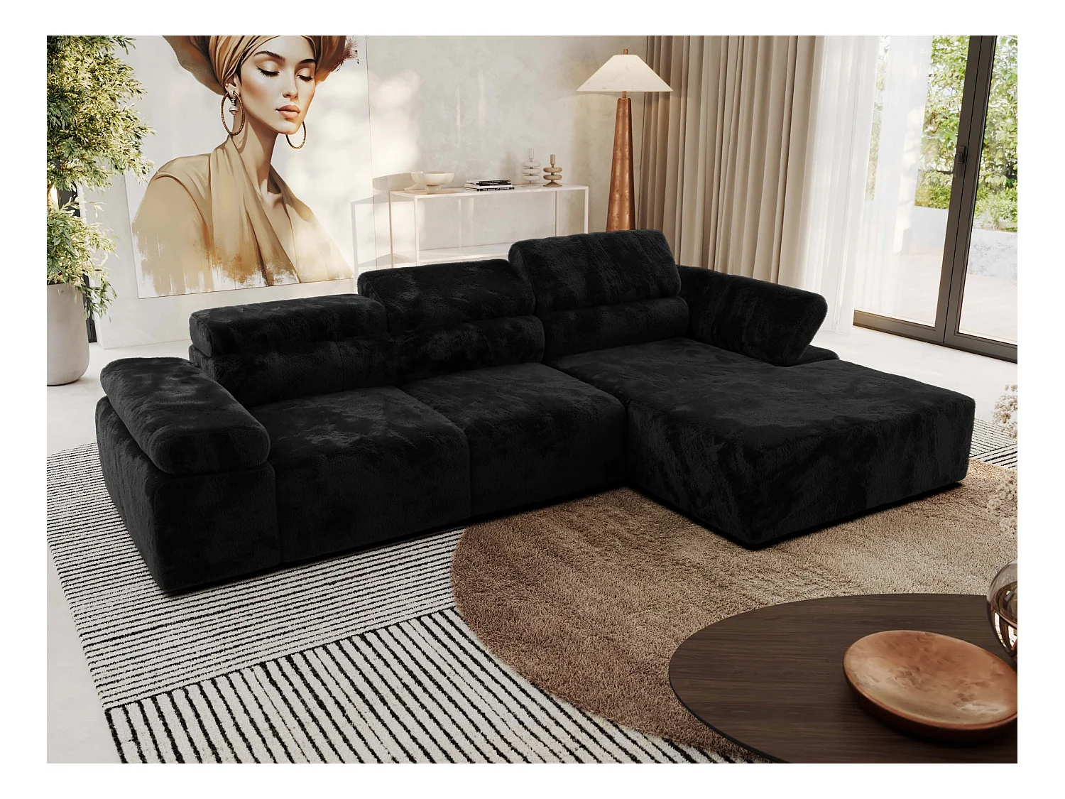 Ecksofa RILASSO - L-förmige Ecke mit Relax-funktion, elektrisch verstellbarer Sitz, Armlehnen - Schwarz Plüsch - Ecke Rechts