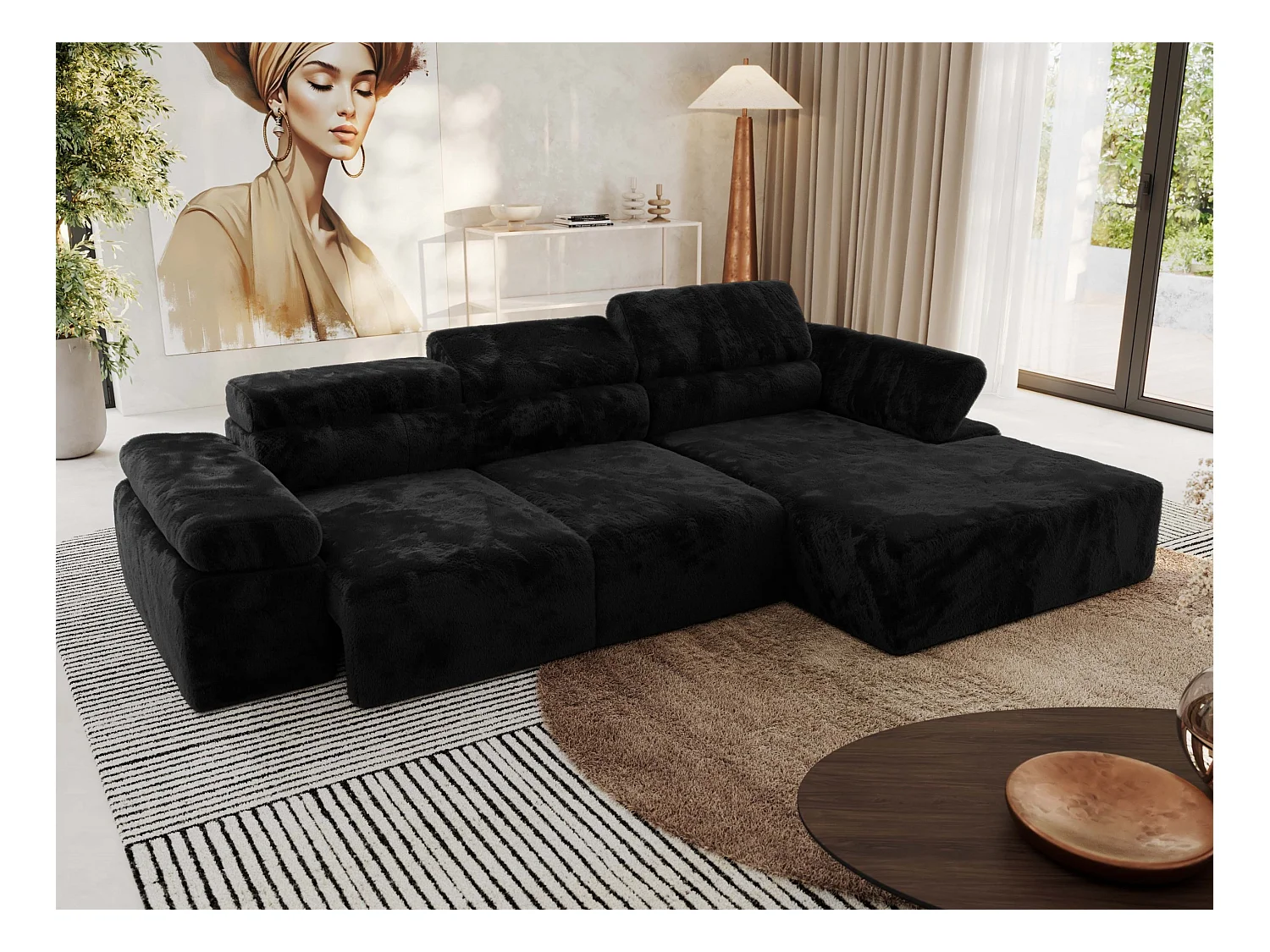 Ecksofa RILASSO - L-förmige Ecke mit Relax-funktion, elektrisch verstellbarer Sitz, Armlehnen - Schwarz Plüsch - Ecke Rechts