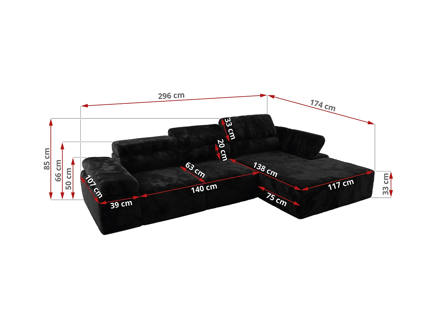 Ecksofa RILASSO - L-förmige Ecke mit Relax-funktion, elektrisch verstellbarer Sitz, Armlehnen - Schwarz Plüsch - Ecke Rechts