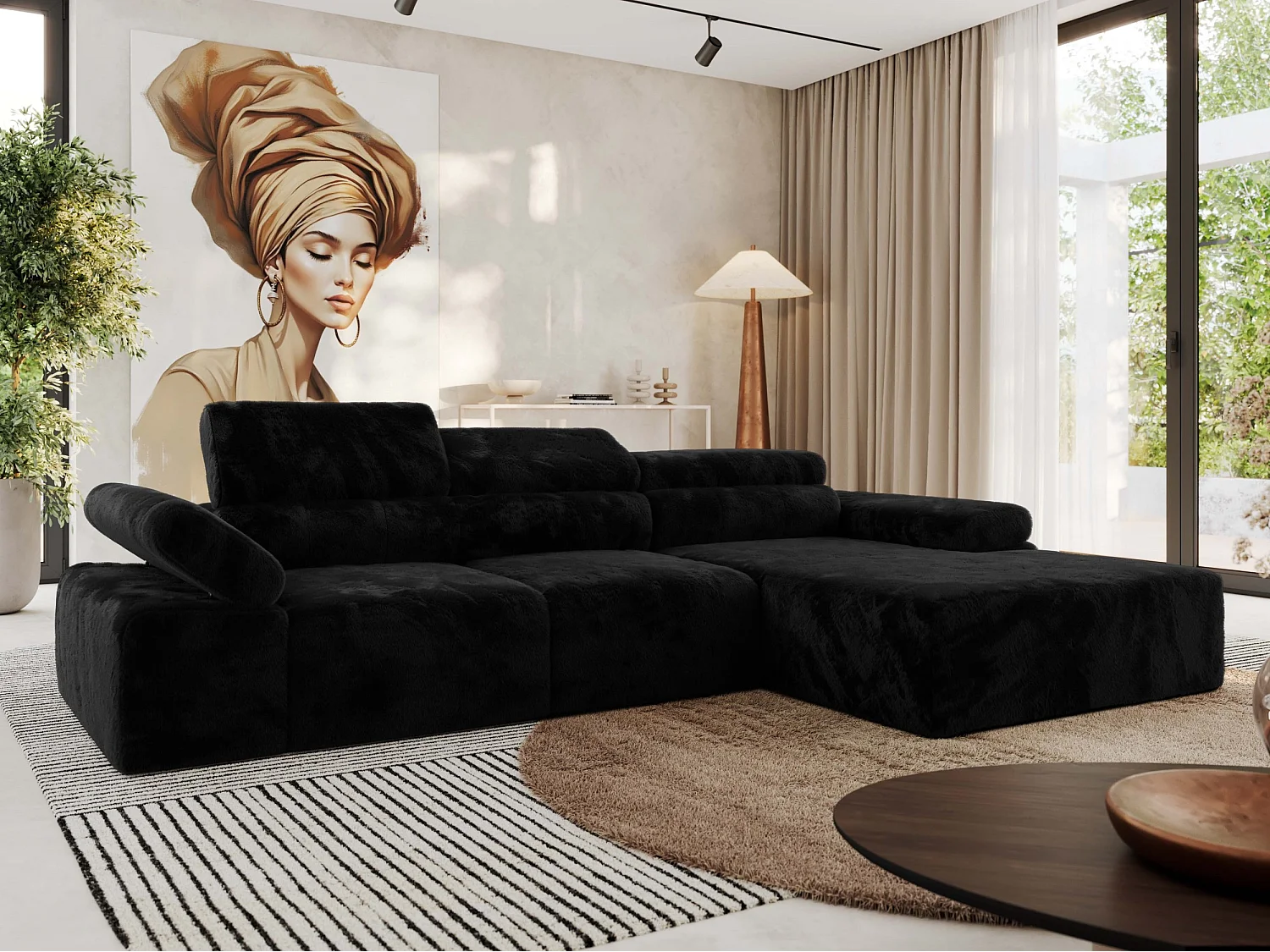 Ecksofa RILASSO - L-förmige Ecke mit Relax-funktion, elektrisch verstellbarer Sitz, Armlehnen - Schwarz Plüsch - Ecke Rechts