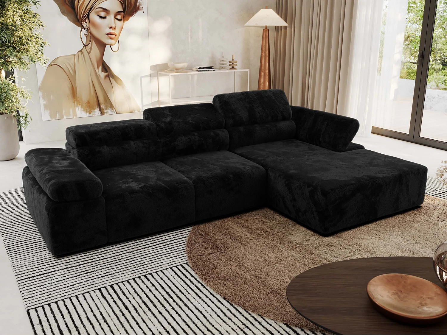 Ecksofa RILASSO - L-förmige Ecke mit Relax-funktion, elektrisch verstellbarer Sitz, Armlehnen - Schwarz Plüsch - Ecke Rechts