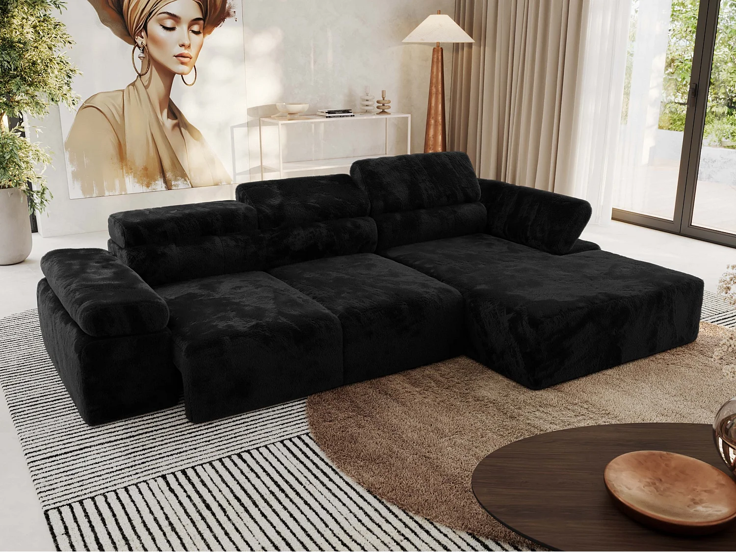 Ecksofa RILASSO - L-förmige Ecke mit Relax-funktion, elektrisch verstellbarer Sitz, Armlehnen - Schwarz Plüsch - Ecke Rechts