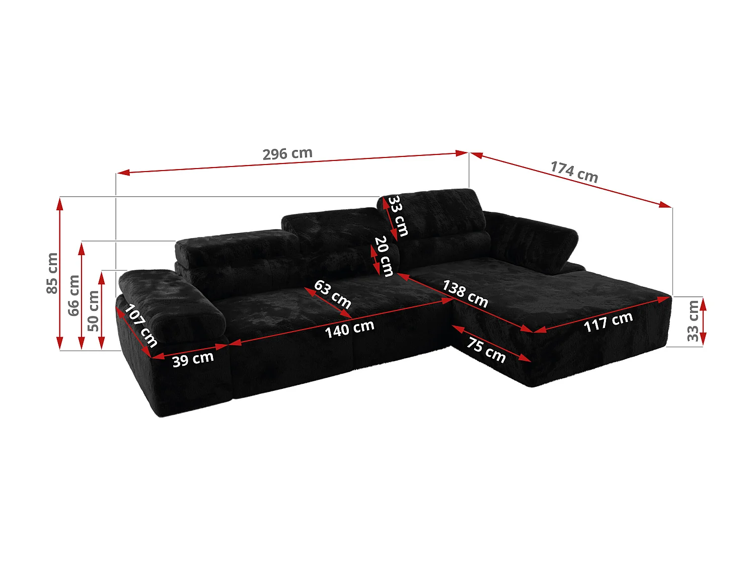Ecksofa RILASSO - L-förmige Ecke mit Relax-funktion, elektrisch verstellbarer Sitz, Armlehnen - Schwarz Plüsch - Ecke Rechts