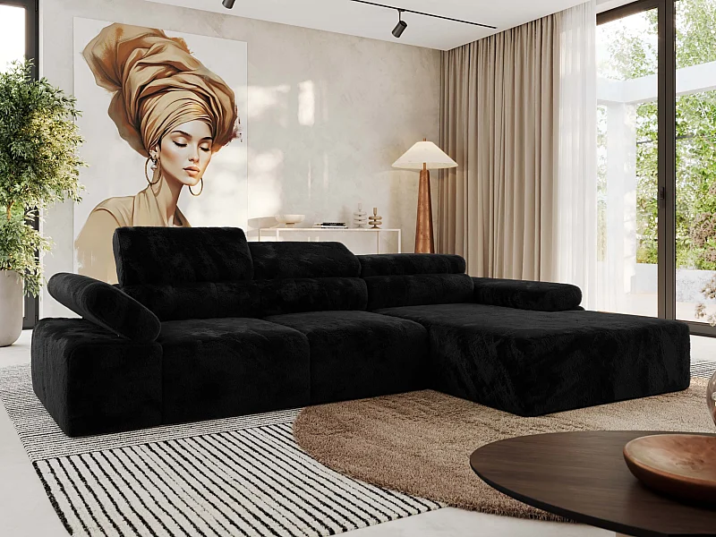 Ecksofa RILASSO - L-förmige Ecke mit Relax-funktion, elektrisch verstellbarer Sitz, Armlehnen - Schwarz Plüsch - Ecke Rechts