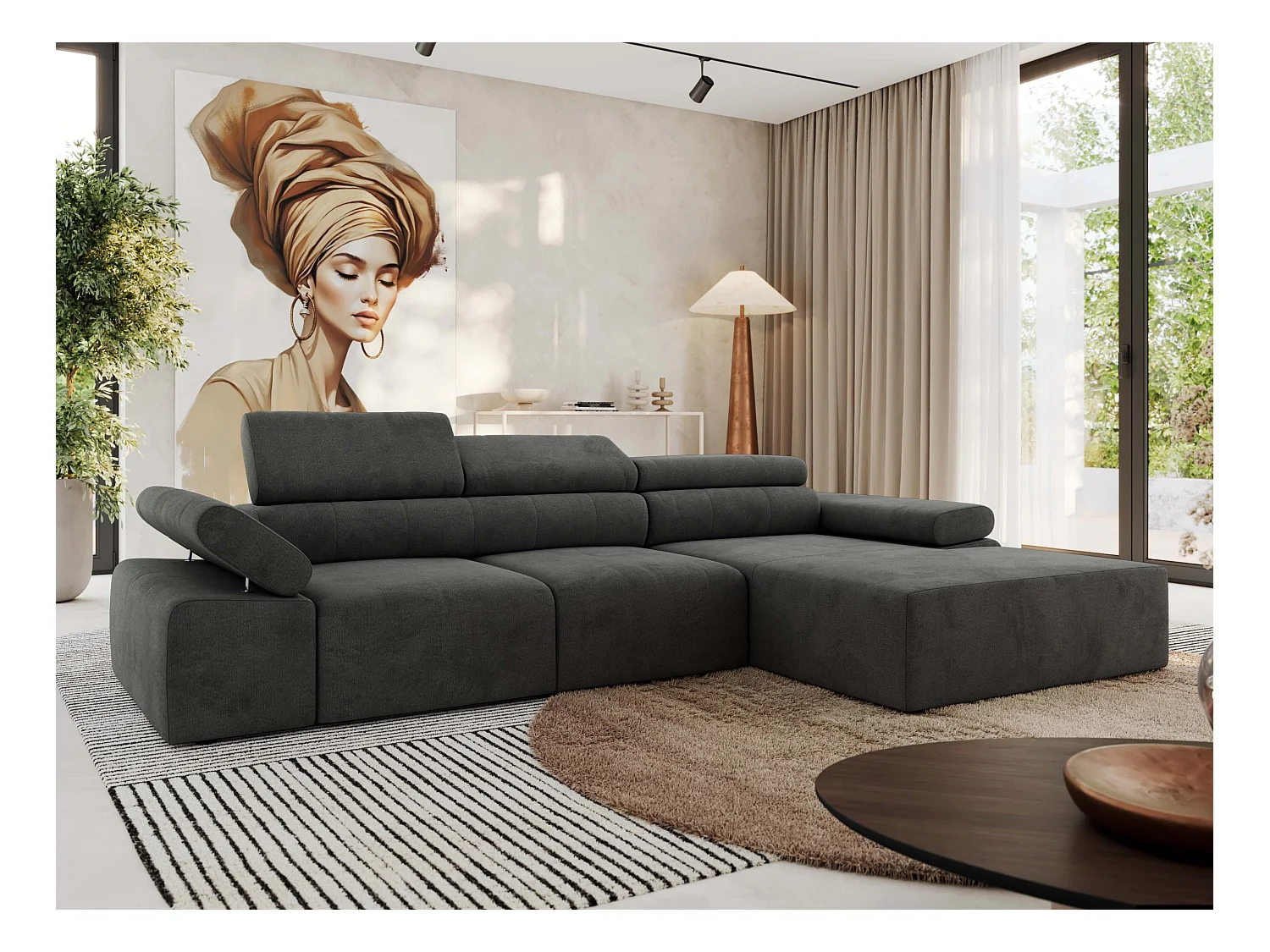 Ecksofa RILASSO - L-förmige Ecke mit Relax-funktion, elektrisch verstellbarer Sitz, Armlehnen - Dunkelgrau Velvet - Ecke Rechts