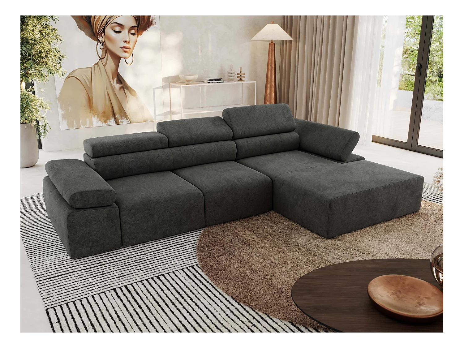 Ecksofa RILASSO - L-förmige Ecke mit Relax-funktion, elektrisch verstellbarer Sitz, Armlehnen - Dunkelgrau Velvet - Ecke Rechts