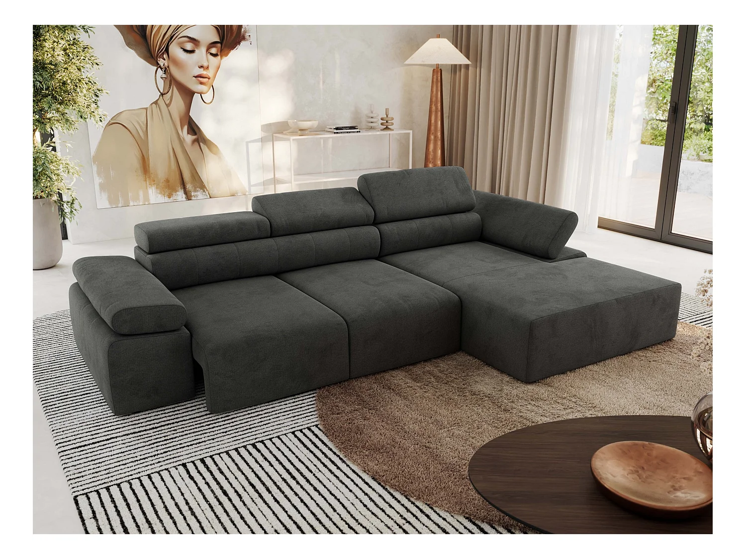 Ecksofa RILASSO - L-förmige Ecke mit Relax-funktion, elektrisch verstellbarer Sitz, Armlehnen - Dunkelgrau Velvet - Ecke Rechts