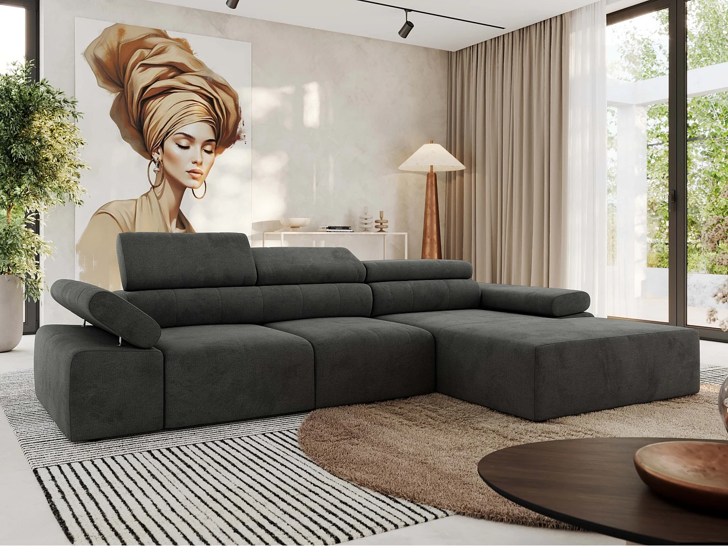 Ecksofa RILASSO - L-förmige Ecke mit Relax-funktion, elektrisch verstellbarer Sitz, Armlehnen - Dunkelgrau Velvet - Ecke Rechts