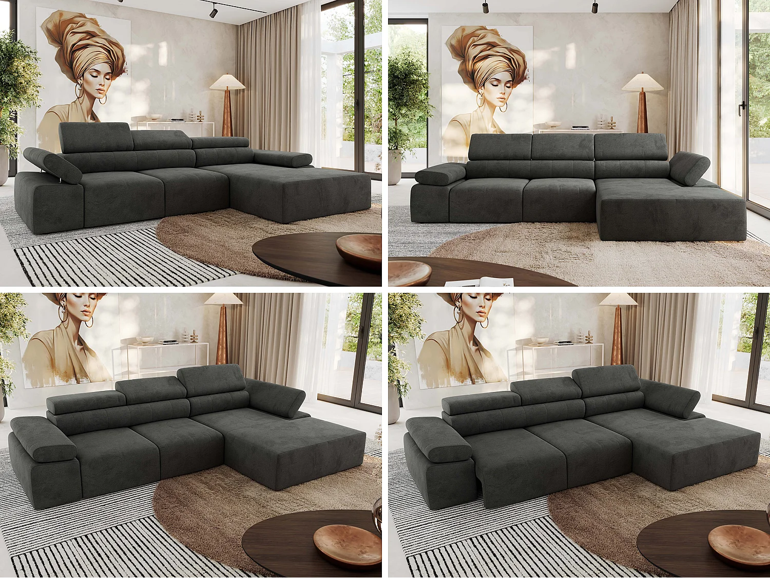 Ecksofa RILASSO - L-förmige Ecke mit Relax-funktion, elektrisch verstellbarer Sitz, Armlehnen - Dunkelgrau Velvet - Ecke Rechts