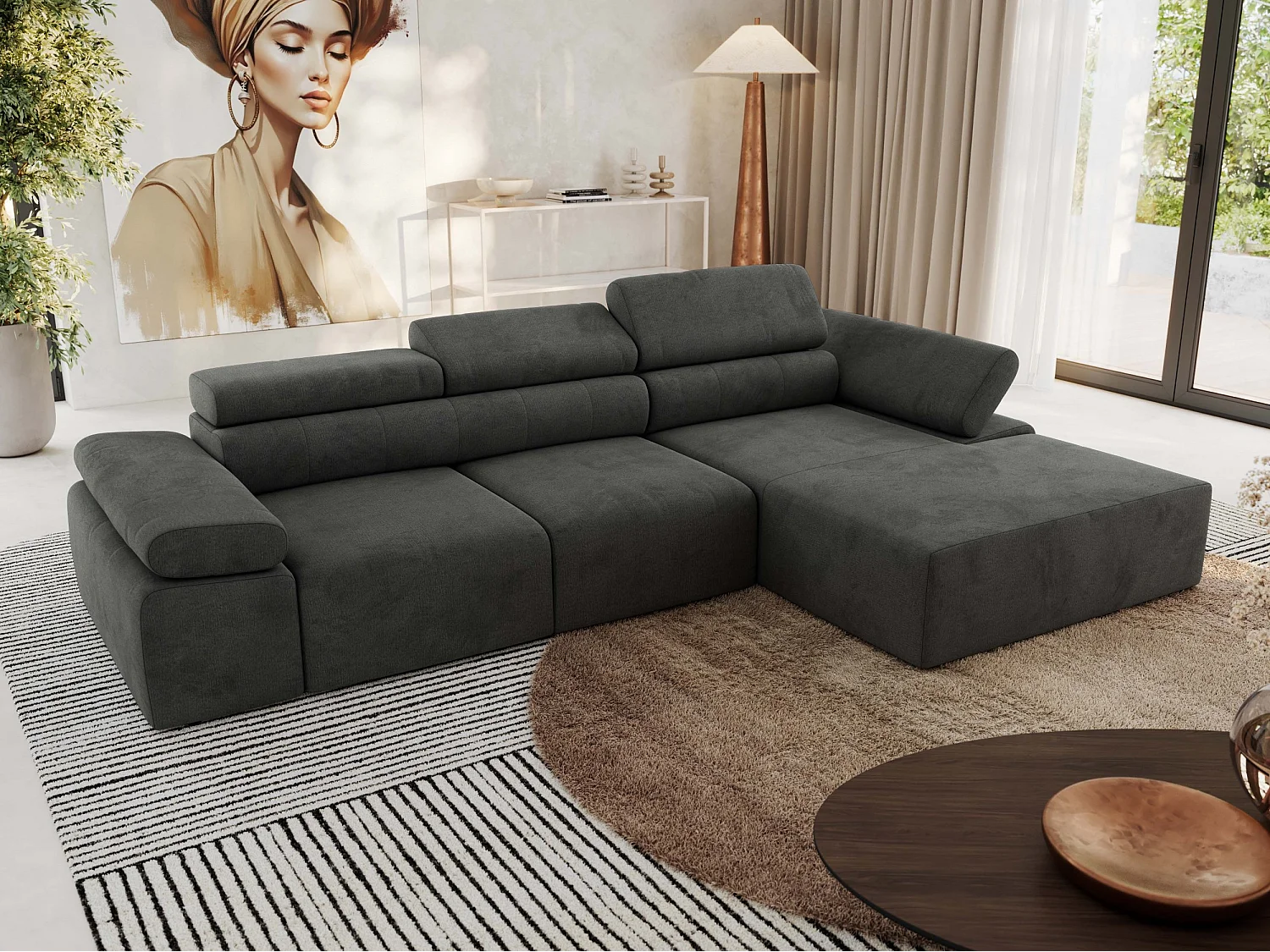 Ecksofa RILASSO - L-förmige Ecke mit Relax-funktion, elektrisch verstellbarer Sitz, Armlehnen - Dunkelgrau Velvet - Ecke Rechts