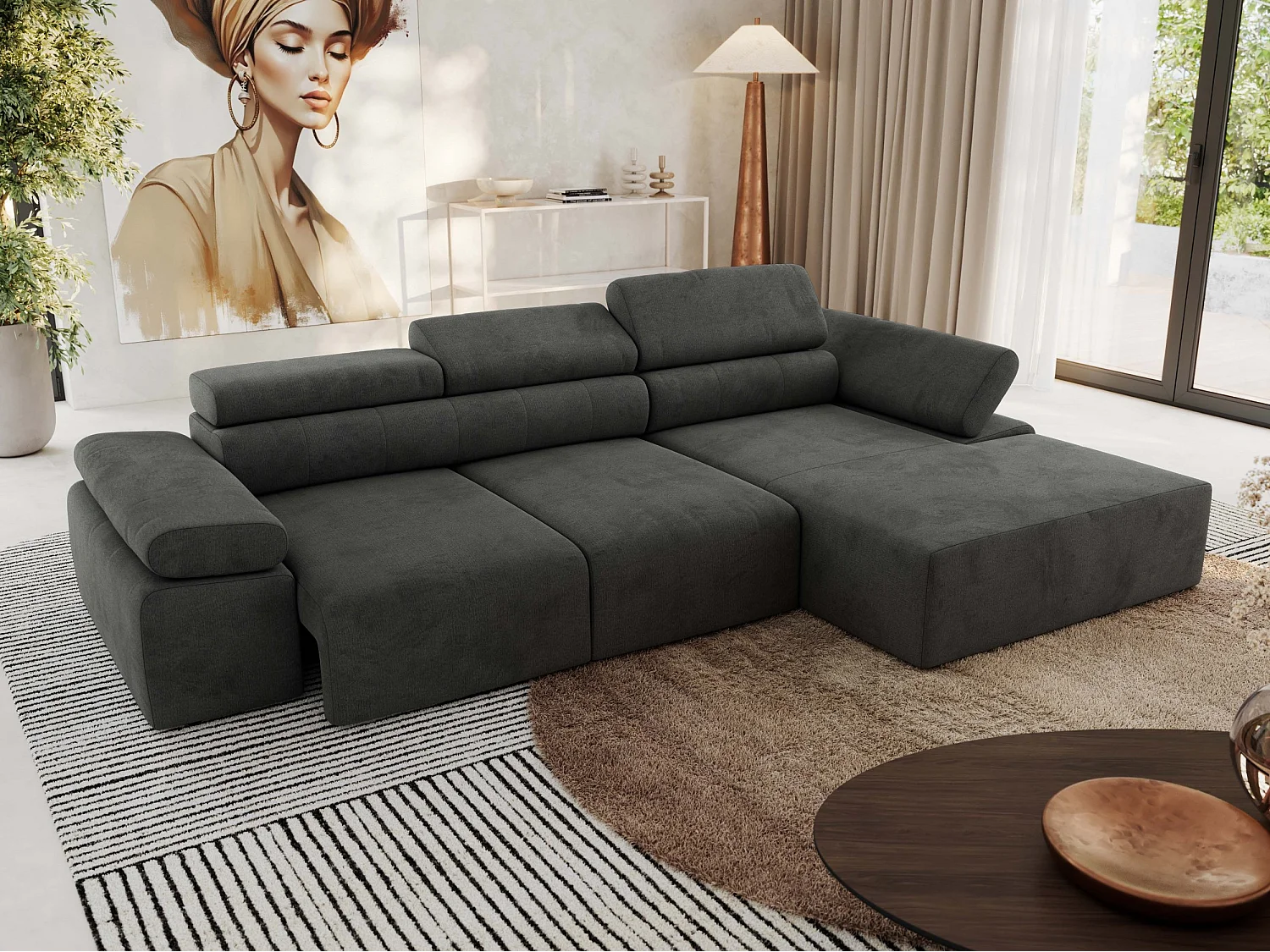 Ecksofa RILASSO - L-förmige Ecke mit Relax-funktion, elektrisch verstellbarer Sitz, Armlehnen - Dunkelgrau Velvet - Ecke Rechts
