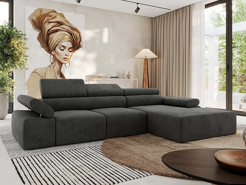 Ecksofa RILASSO - L-förmige Ecke mit Relax-funktion, elektrisch verstellbarer Sitz, Armlehnen - Dunkelgrau Velvet - Ecke Rechts