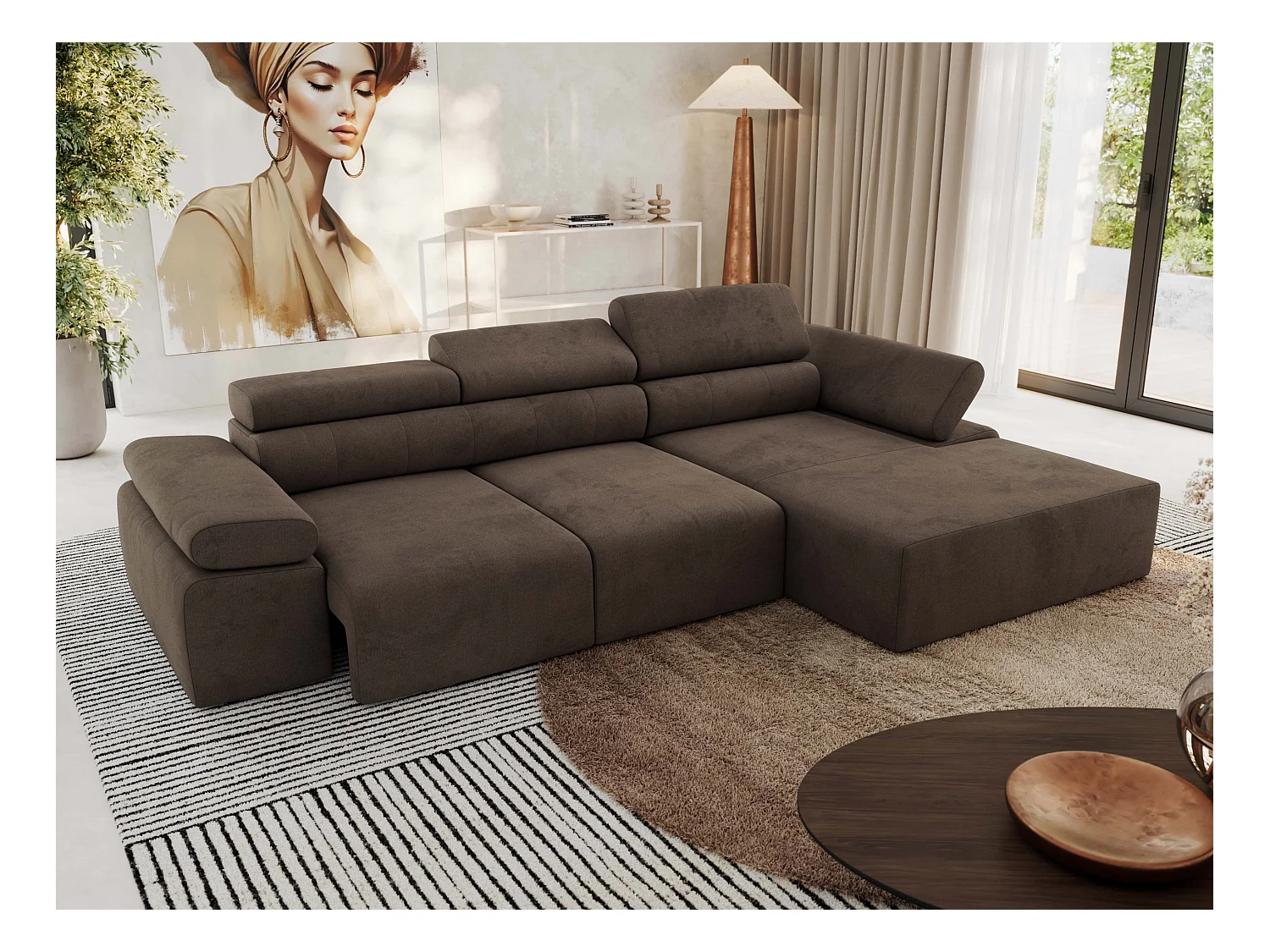 Ecksofa RILASSO - L-förmige Ecke mit Relax-funktion, elektrisch verstellbarer Sitz, Armlehnen - Braun Velvet - Ecke Rechts