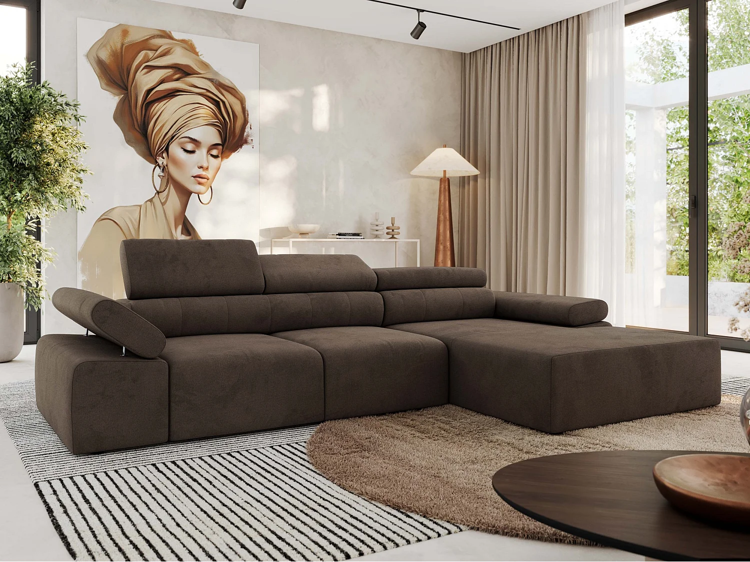 Ecksofa RILASSO - L-förmige Ecke mit Relax-funktion, elektrisch verstellbarer Sitz, Armlehnen - Braun Velvet - Ecke Rechts