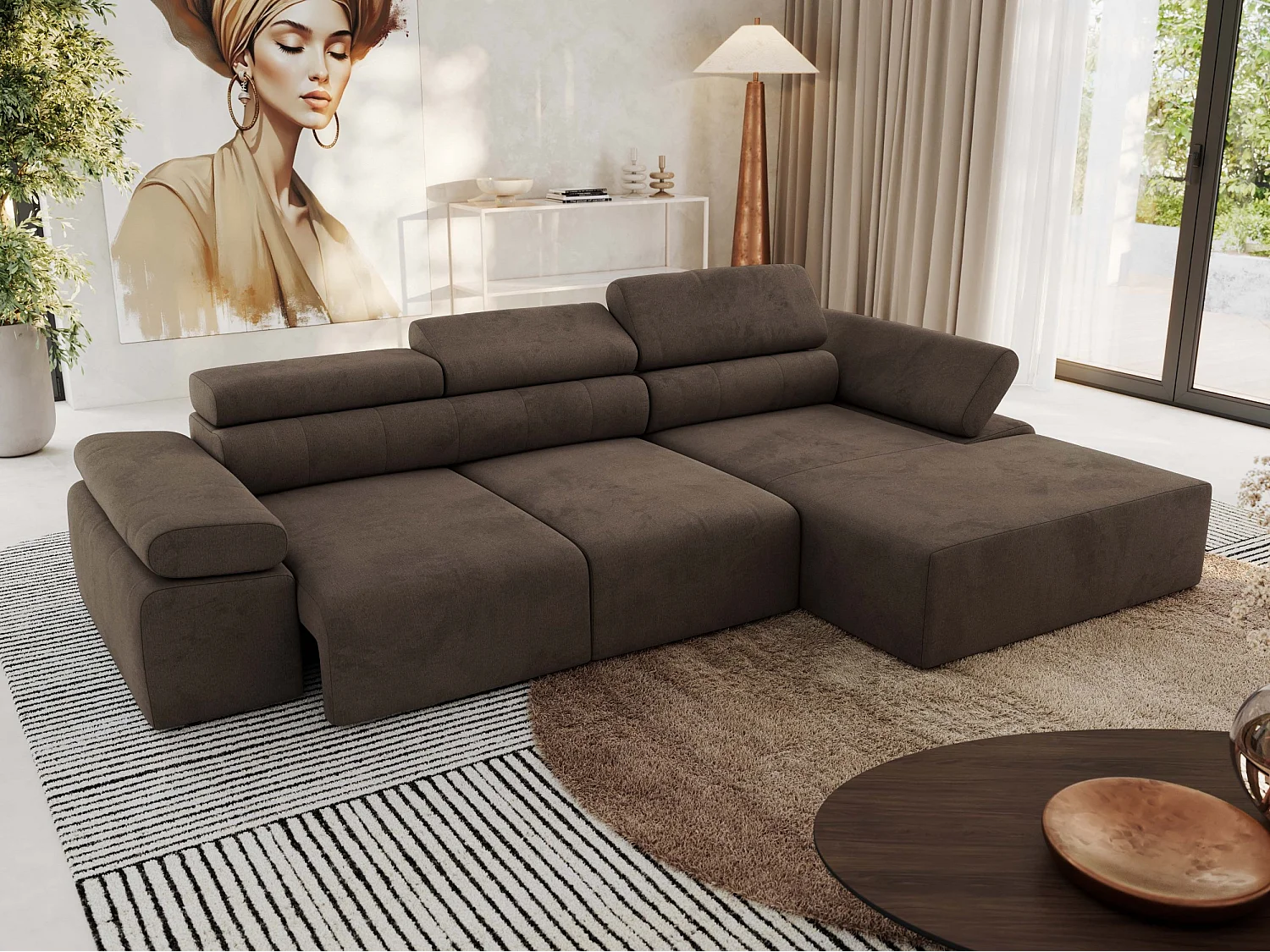Ecksofa RILASSO - L-förmige Ecke mit Relax-funktion, elektrisch verstellbarer Sitz, Armlehnen - Braun Velvet - Ecke Rechts