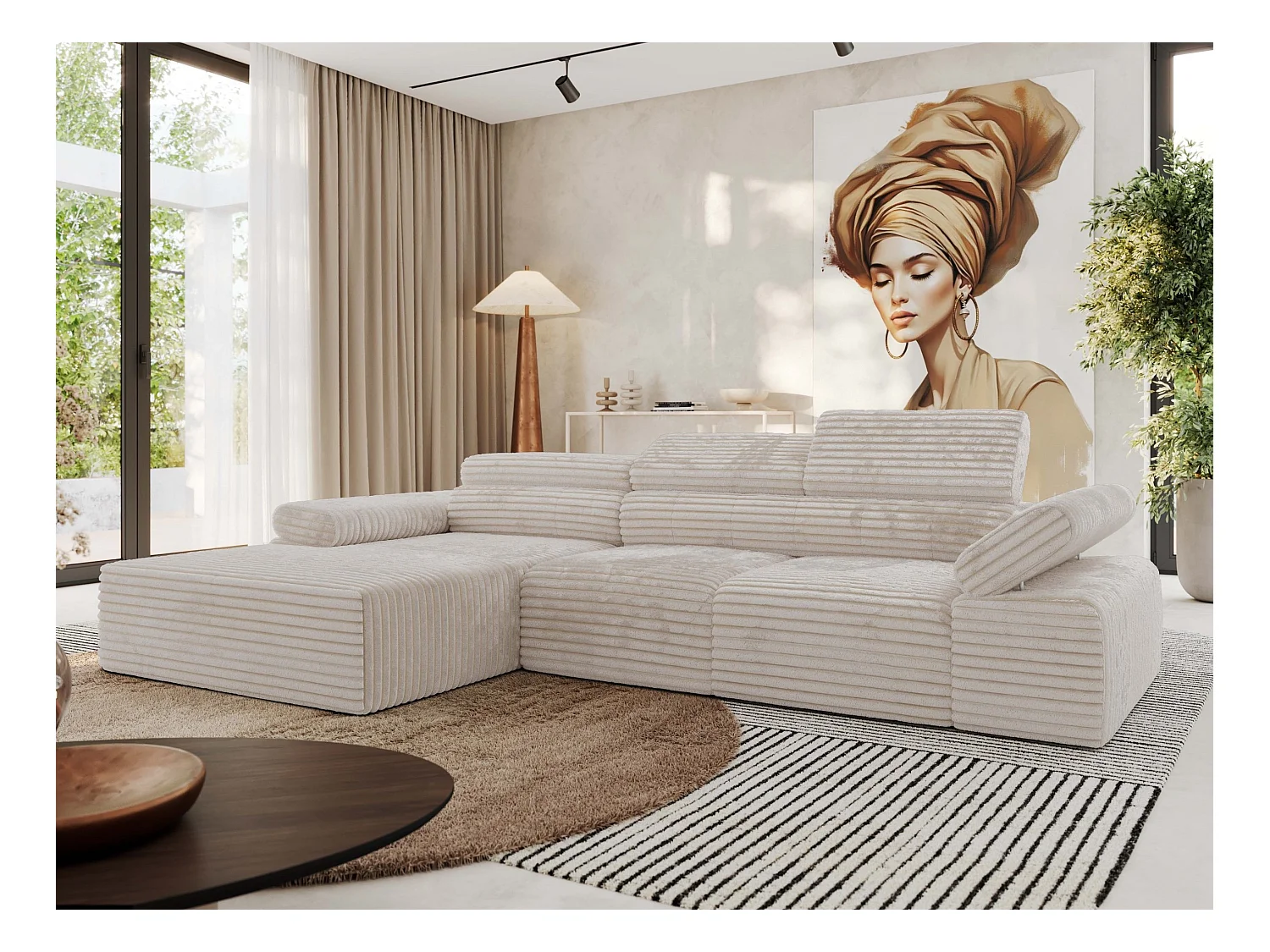 Ecksofa RILASSO - L-förmige Ecke mit Relax-funktion, elektrisch verstellbarer Sitz, Armlehnen - Beige Cord - Ecke Links