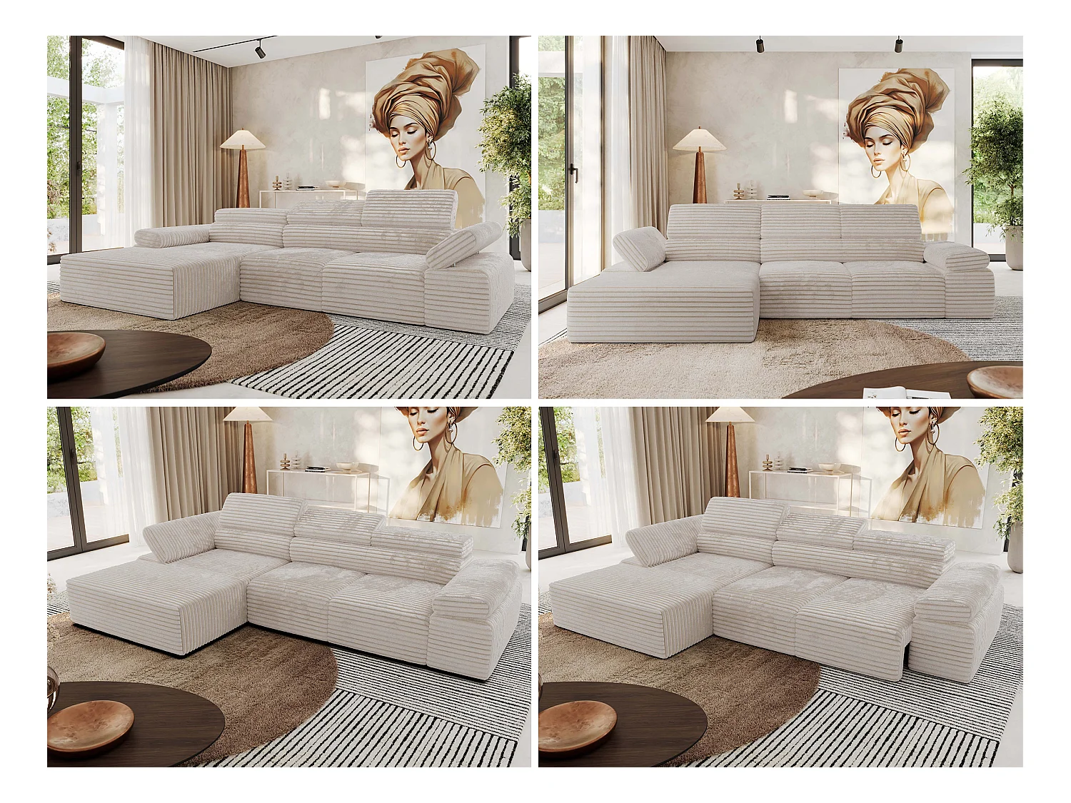 Ecksofa RILASSO - L-förmige Ecke mit Relax-funktion, elektrisch verstellbarer Sitz, Armlehnen - Beige Cord - Ecke Links