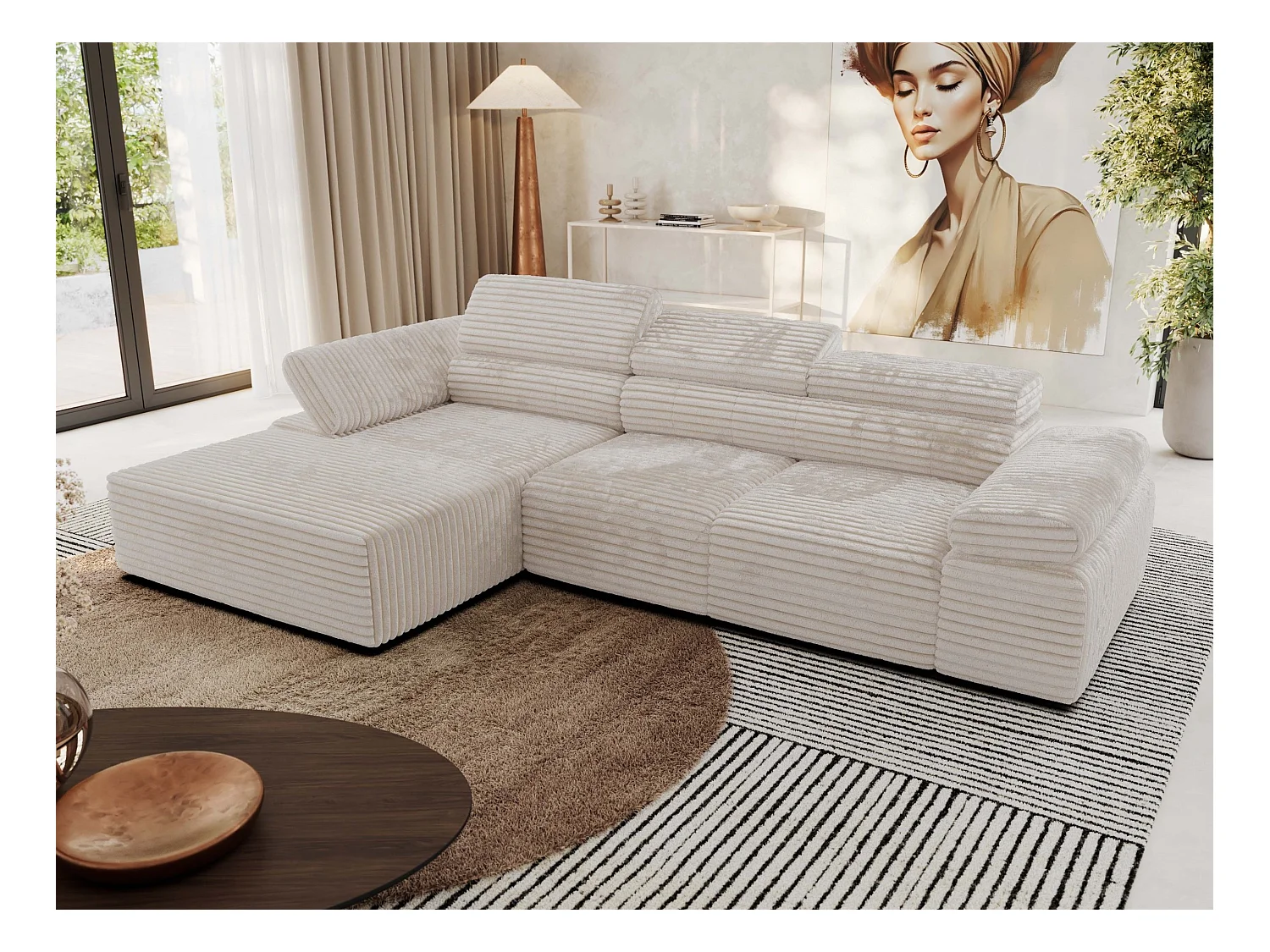 Ecksofa RILASSO - L-förmige Ecke mit Relax-funktion, elektrisch verstellbarer Sitz, Armlehnen - Beige Cord - Ecke Links