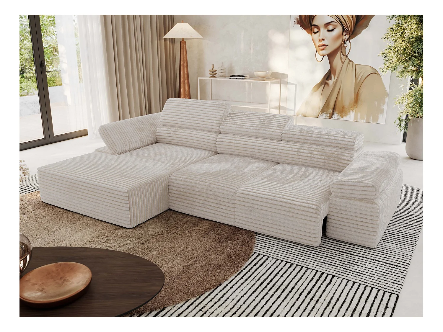 Ecksofa RILASSO - L-förmige Ecke mit Relax-funktion, elektrisch verstellbarer Sitz, Armlehnen - Beige Cord - Ecke Links