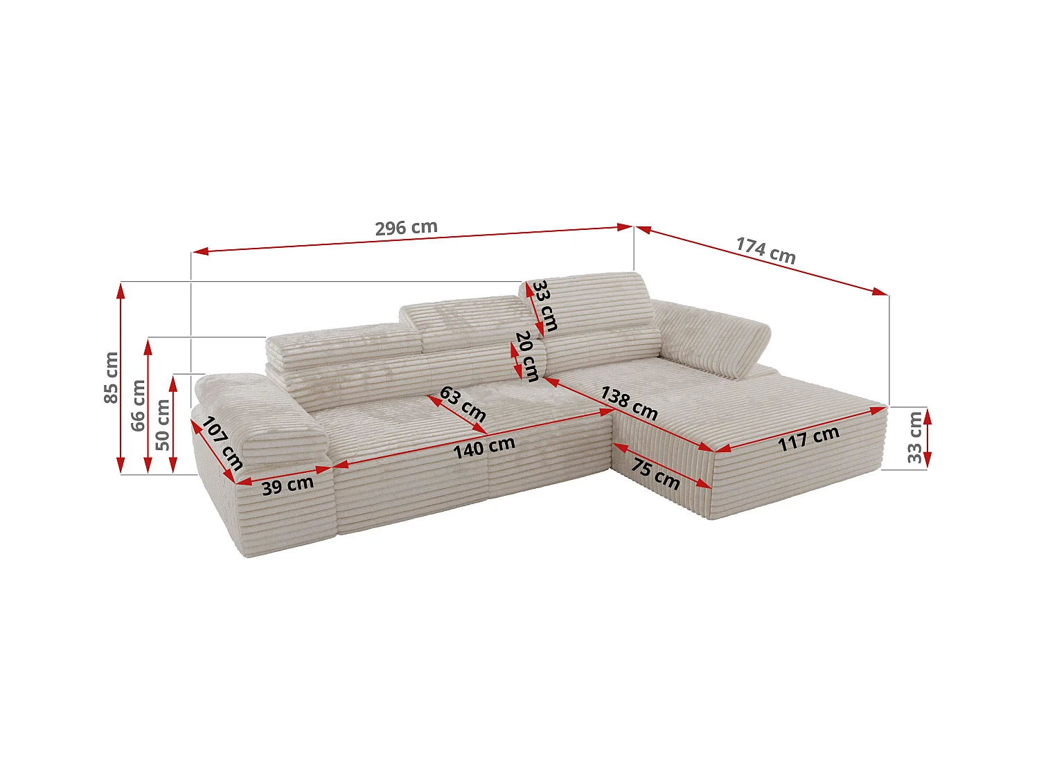 Ecksofa RILASSO - L-förmige Ecke mit Relax-funktion, elektrisch verstellbarer Sitz, Armlehnen - Beige Cord - Ecke Links