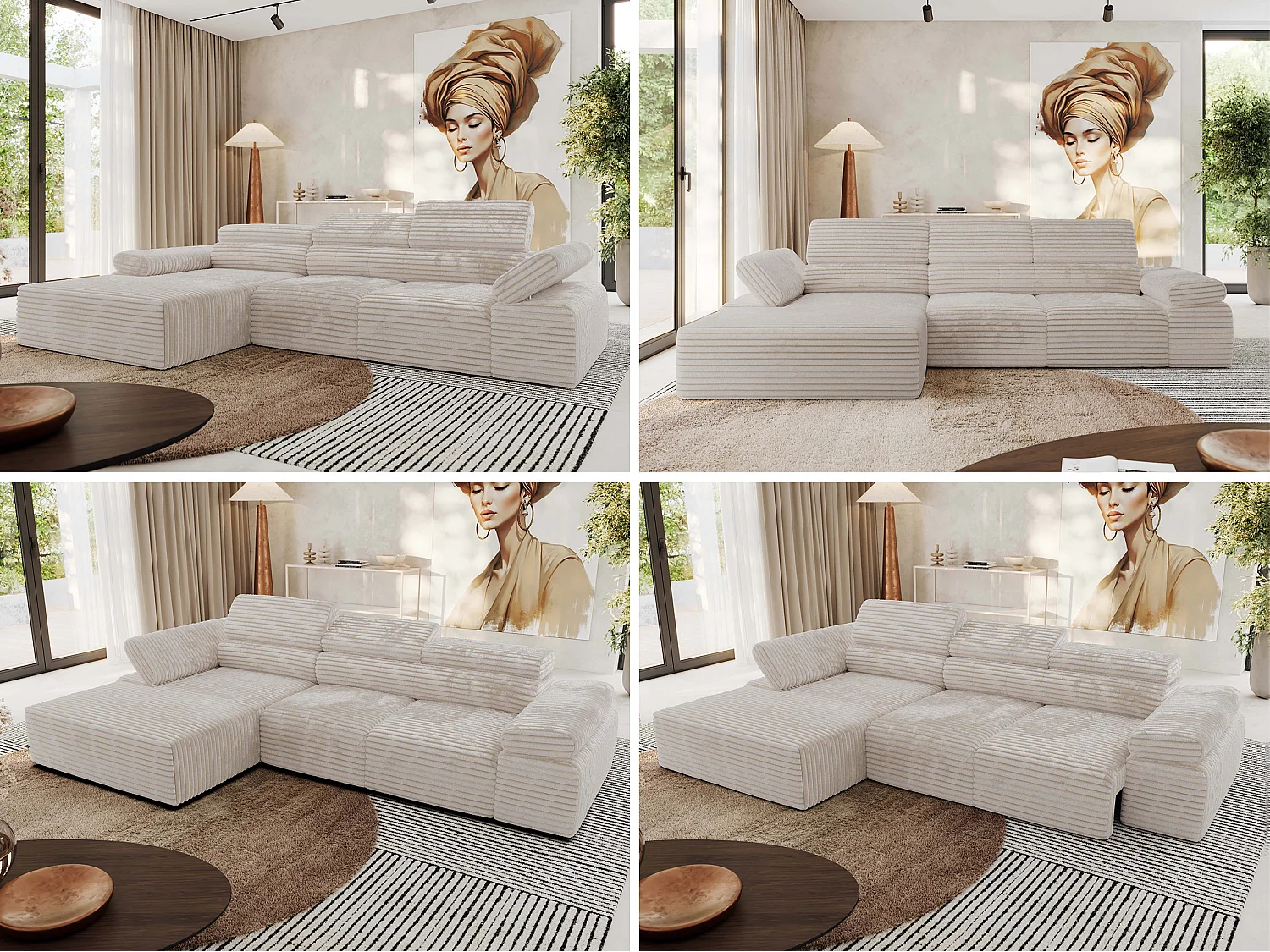 Ecksofa RILASSO - L-förmige Ecke mit Relax-funktion, elektrisch verstellbarer Sitz, Armlehnen - Beige Cord - Ecke Links