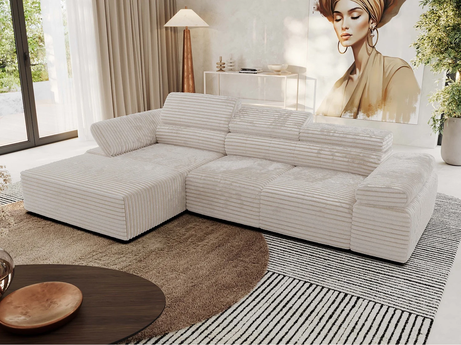 Ecksofa RILASSO - L-förmige Ecke mit Relax-funktion, elektrisch verstellbarer Sitz, Armlehnen - Beige Cord - Ecke Links