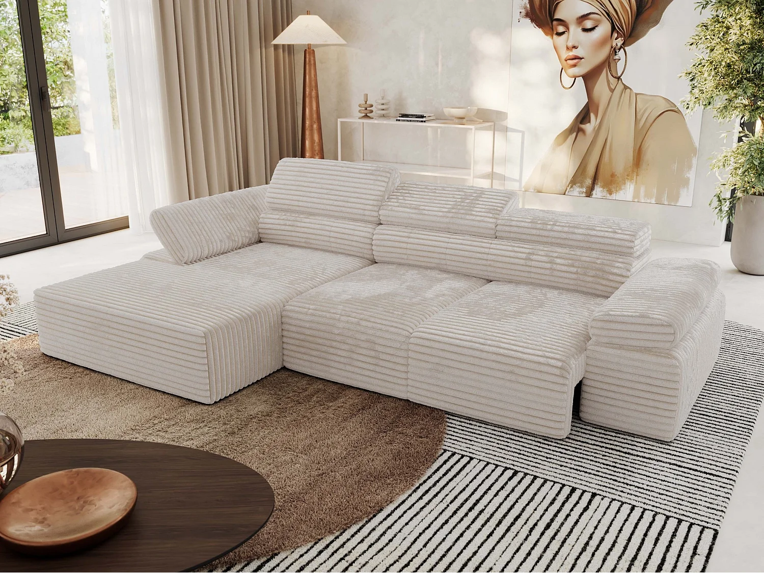 Ecksofa RILASSO - L-förmige Ecke mit Relax-funktion, elektrisch verstellbarer Sitz, Armlehnen - Beige Cord - Ecke Links