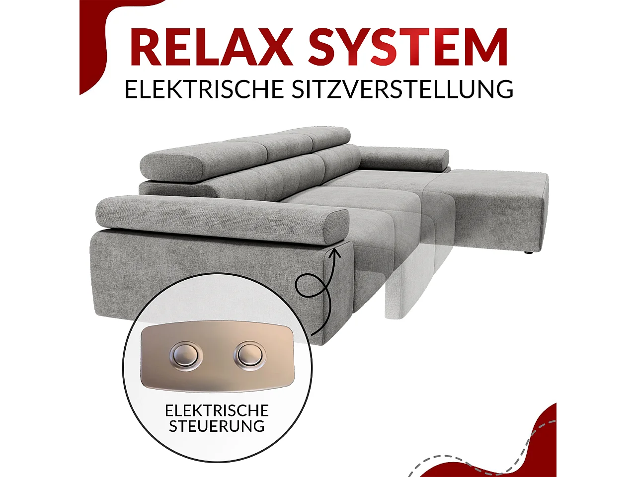Ecksofa RILASSO - L-förmige Ecke mit Relax-funktion, elektrisch verstellbarer Sitz, Armlehnen - Beige Cord - Ecke Links