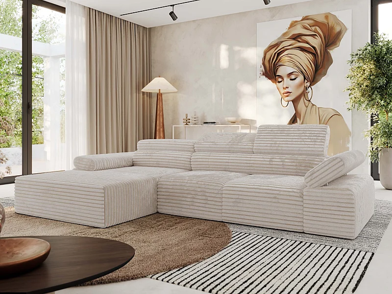 Ecksofa RILASSO - L-förmige Ecke mit Relax-funktion, elektrisch verstellbarer Sitz, Armlehnen - Beige Cord - Ecke Links