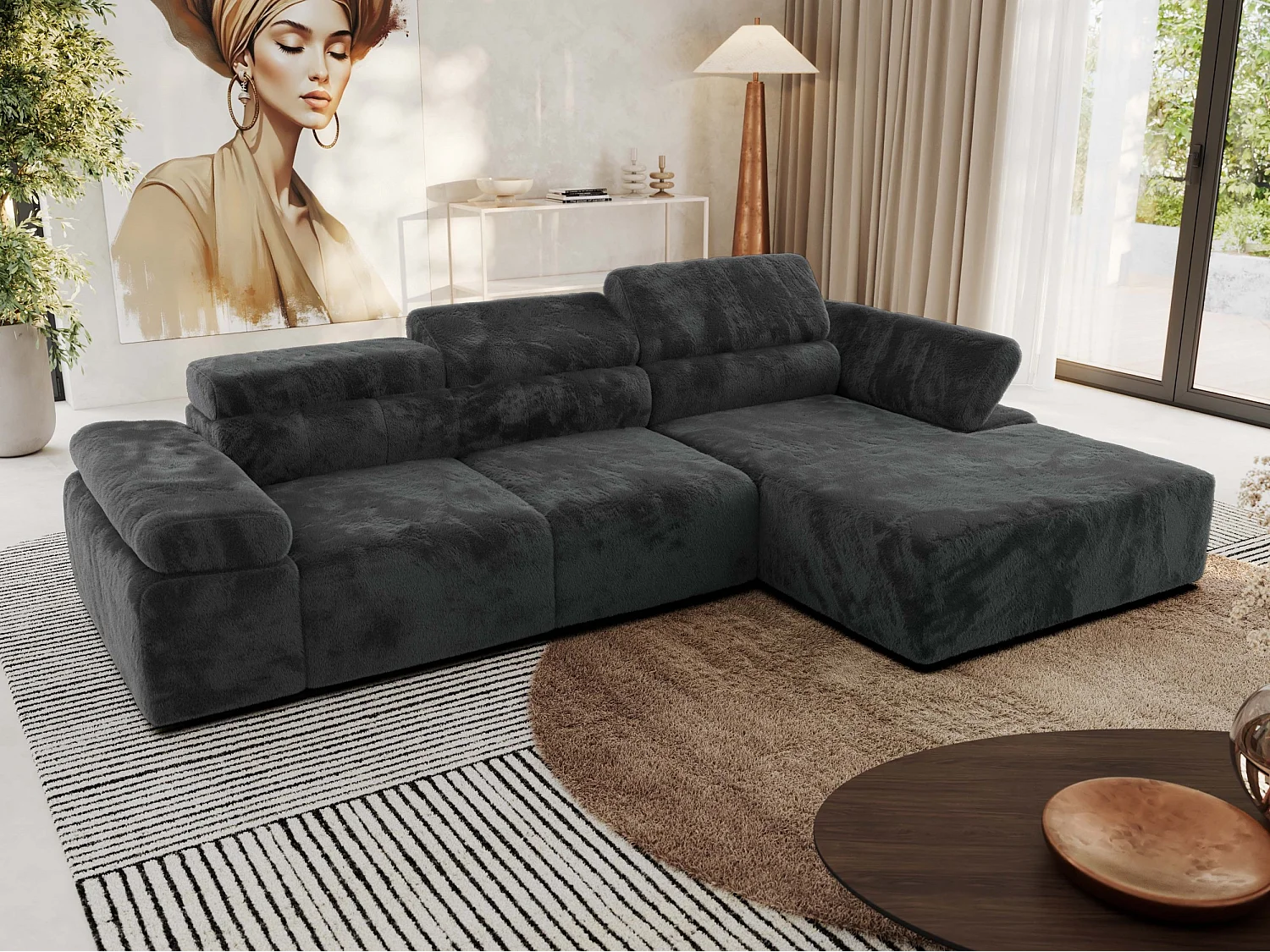 Ecksofa RILASSO - L-förmige Ecke mit Relax-funktion, elektrisch verstellbarer Sitz, Armlehnen - Dunkelgrau Plüsch - Ecke Rechts