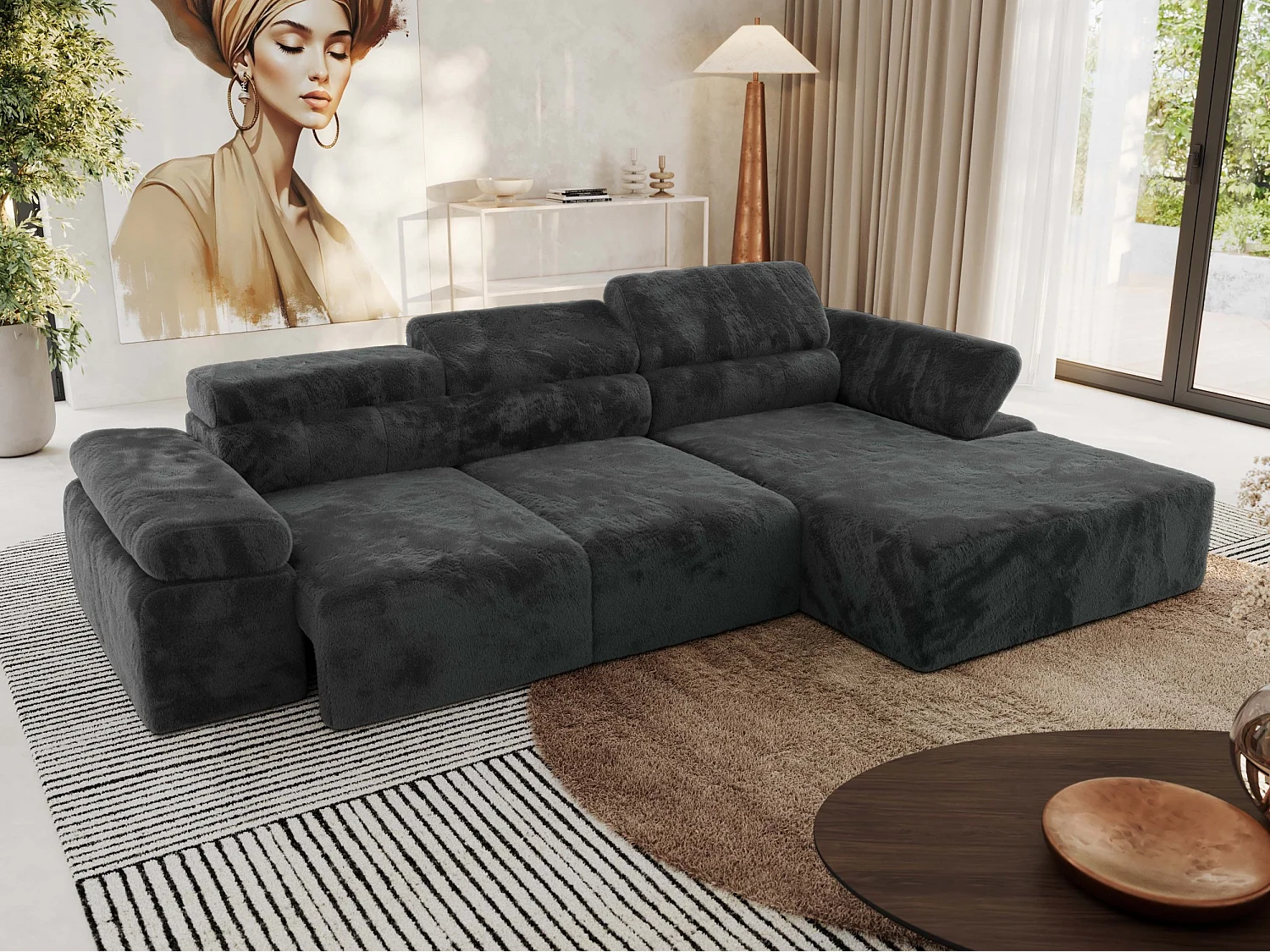 Ecksofa RILASSO - L-förmige Ecke mit Relax-funktion, elektrisch verstellbarer Sitz, Armlehnen - Dunkelgrau Plüsch - Ecke Rechts