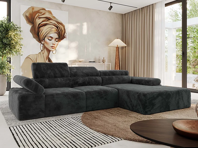 Ecksofa RILASSO - L-förmige Ecke mit Relax-funktion, elektrisch verstellbarer Sitz, Armlehnen - Dunkelgrau Plüsch - Ecke Rechts