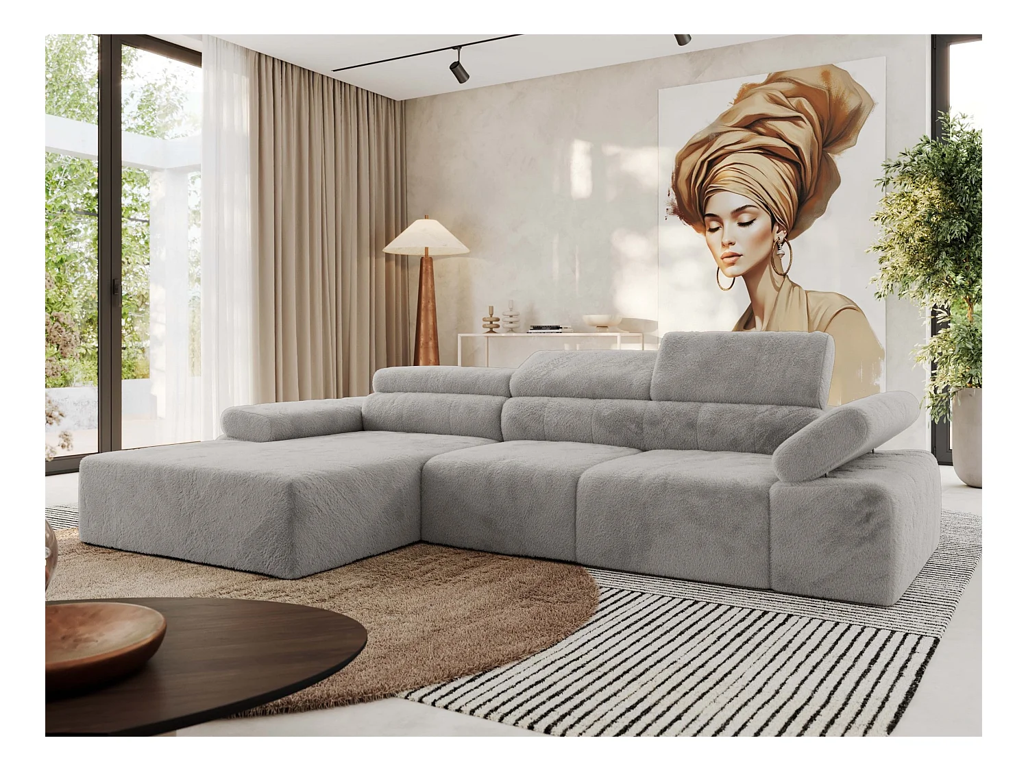 Ecksofa RILASSO - L-förmige Ecke mit Relax-funktion, elektrisch verstellbarer Sitz, Armlehnen - Hellgrau Plüsch - Ecke Links