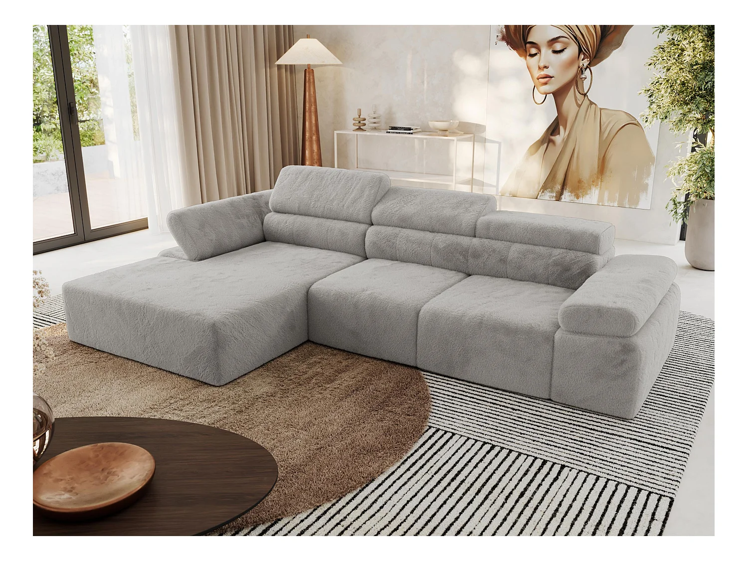 Ecksofa RILASSO - L-förmige Ecke mit Relax-funktion, elektrisch verstellbarer Sitz, Armlehnen - Hellgrau Plüsch - Ecke Links