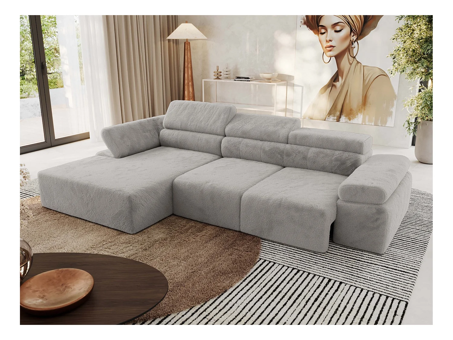 Ecksofa RILASSO - L-förmige Ecke mit Relax-funktion, elektrisch verstellbarer Sitz, Armlehnen - Hellgrau Plüsch - Ecke Links
