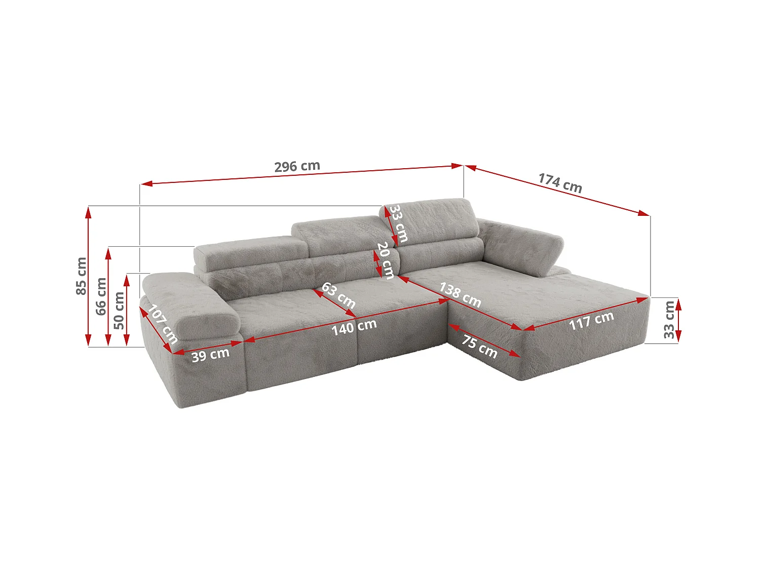 Ecksofa RILASSO - L-förmige Ecke mit Relax-funktion, elektrisch verstellbarer Sitz, Armlehnen - Hellgrau Plüsch - Ecke Links