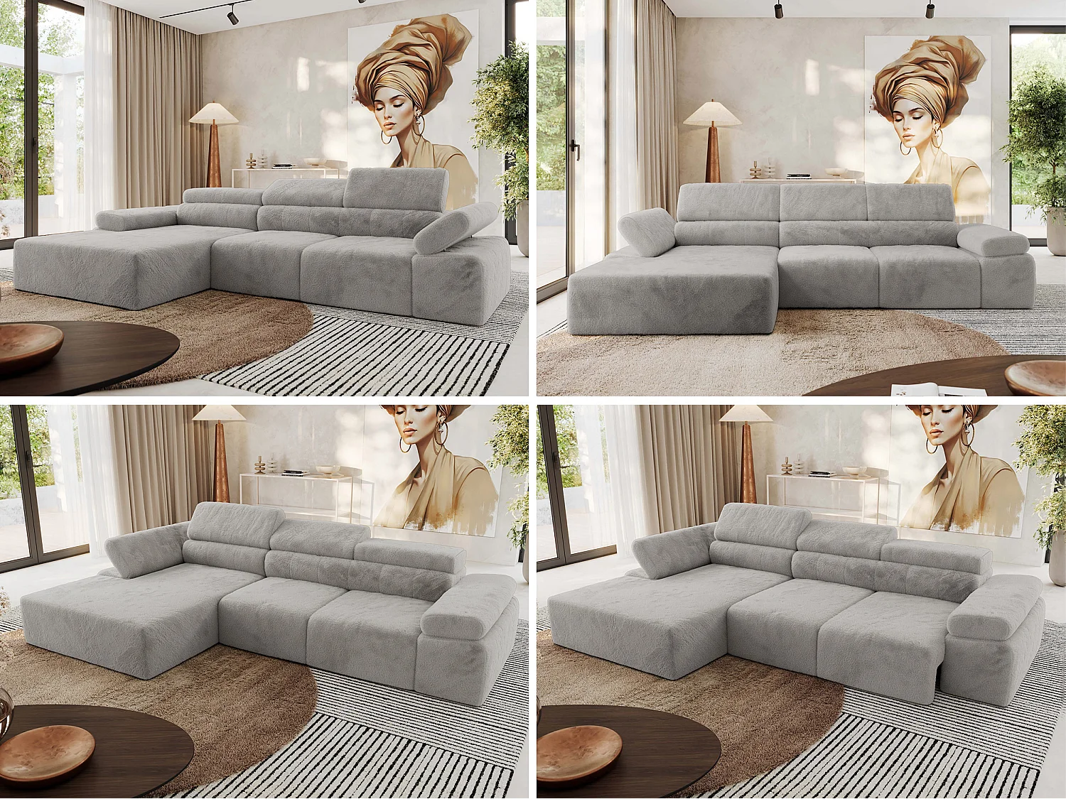 Ecksofa RILASSO - L-förmige Ecke mit Relax-funktion, elektrisch verstellbarer Sitz, Armlehnen - Hellgrau Plüsch - Ecke Links